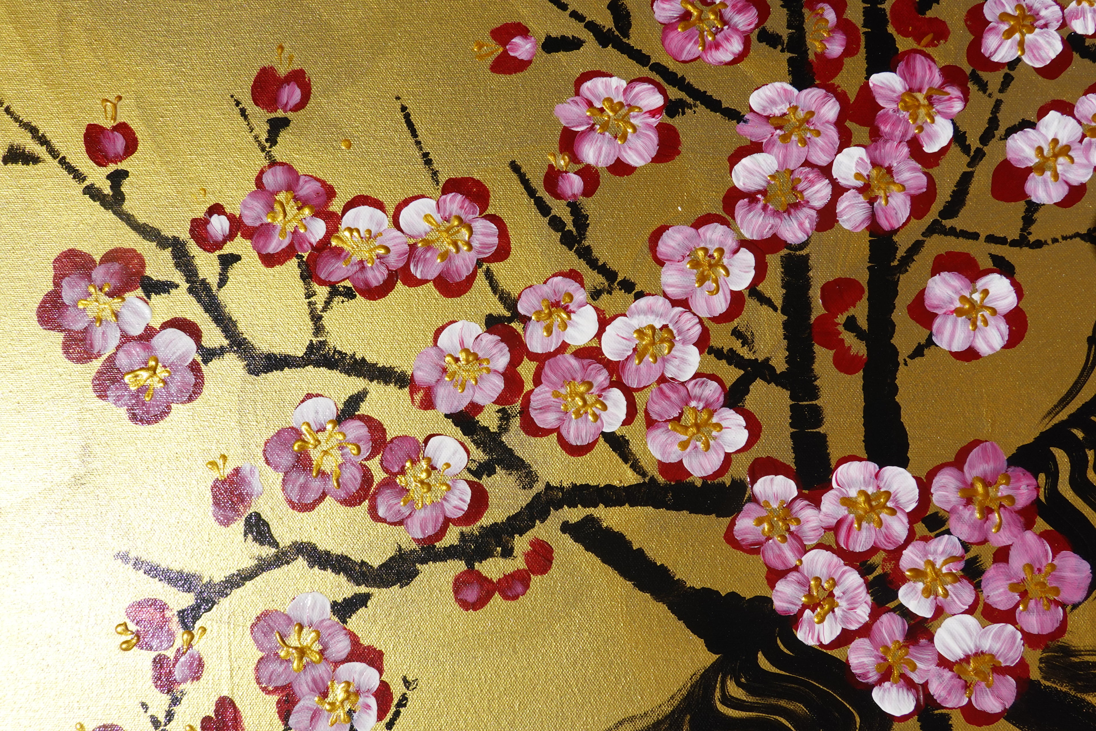 Crane and sakura J487 — gold Japanese Painting | Large Acrylic on Canvas | Ksavera