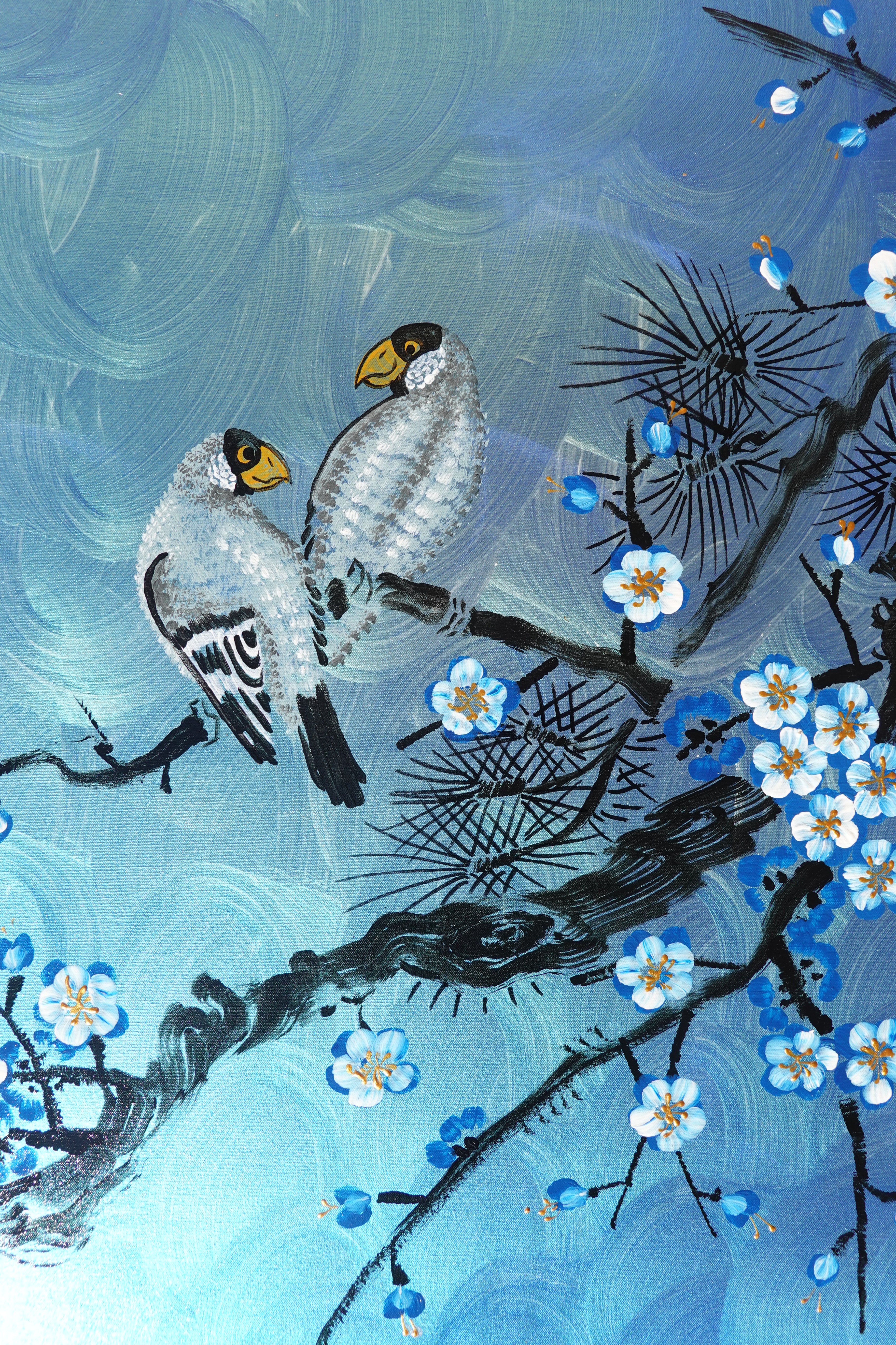 Love Birds and Sakura J488 — blue pearlescent Japanese Painting | Large Acrylic on Canvas | Ksavera