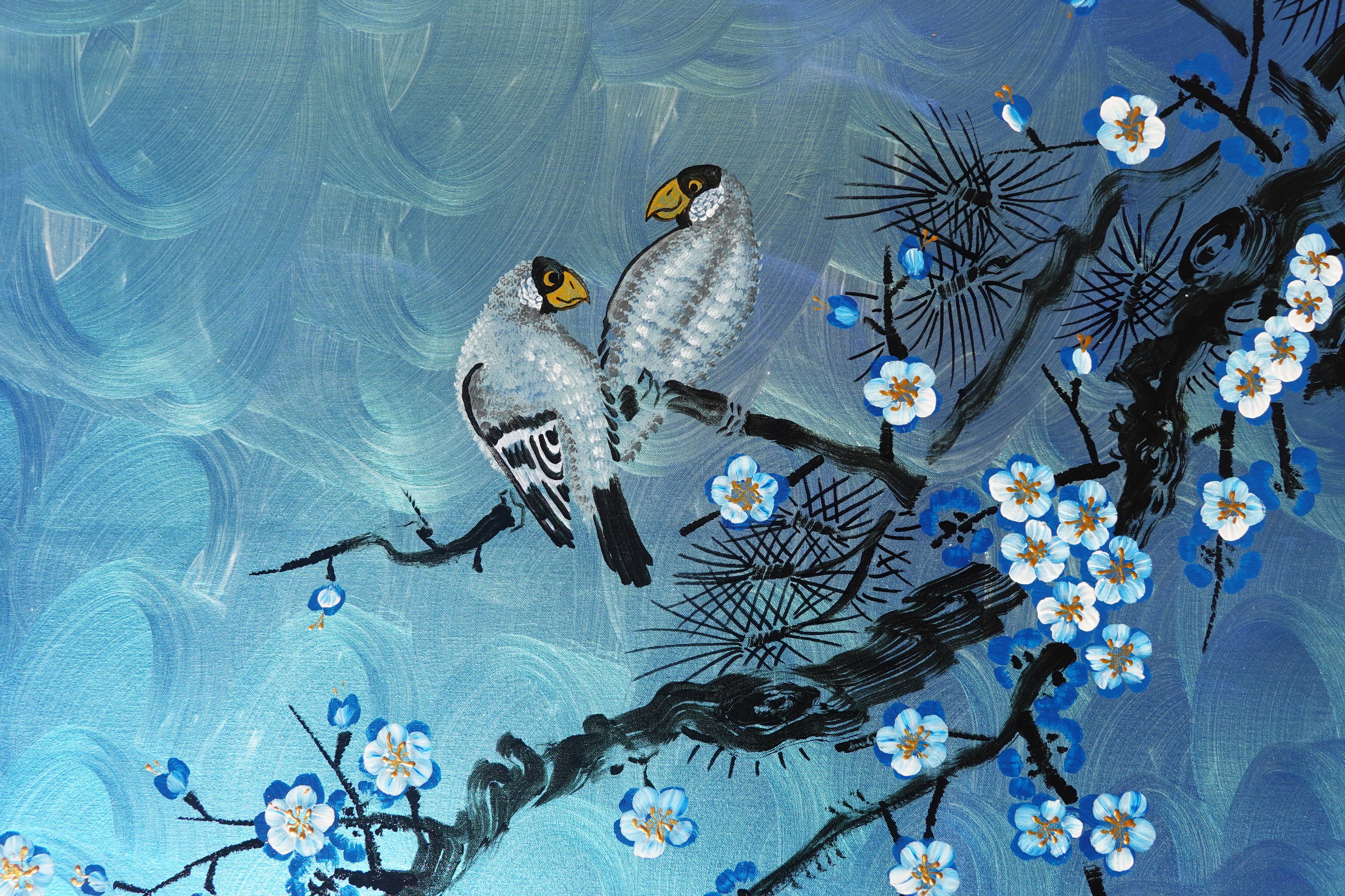 Love Birds and Sakura J488 — blue pearlescent Japanese Painting | Large Acrylic on Canvas | Ksavera