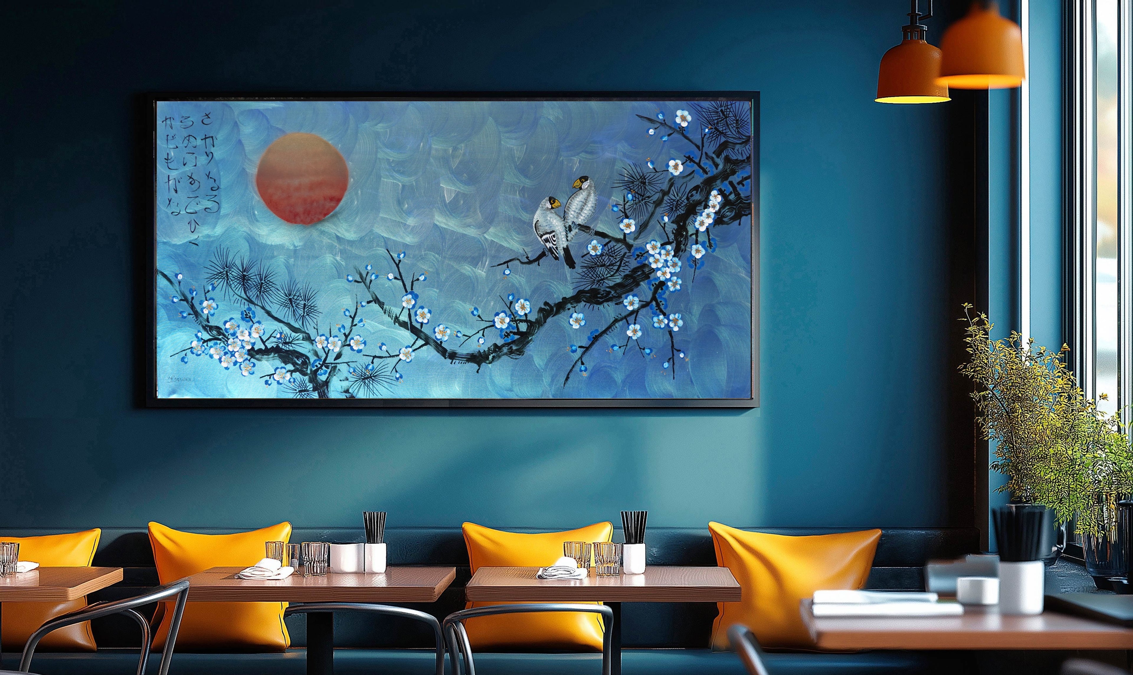 Love Birds and Sakura J488 — blue pearlescent Japanese Painting | Large Acrylic on Canvas | Ksavera