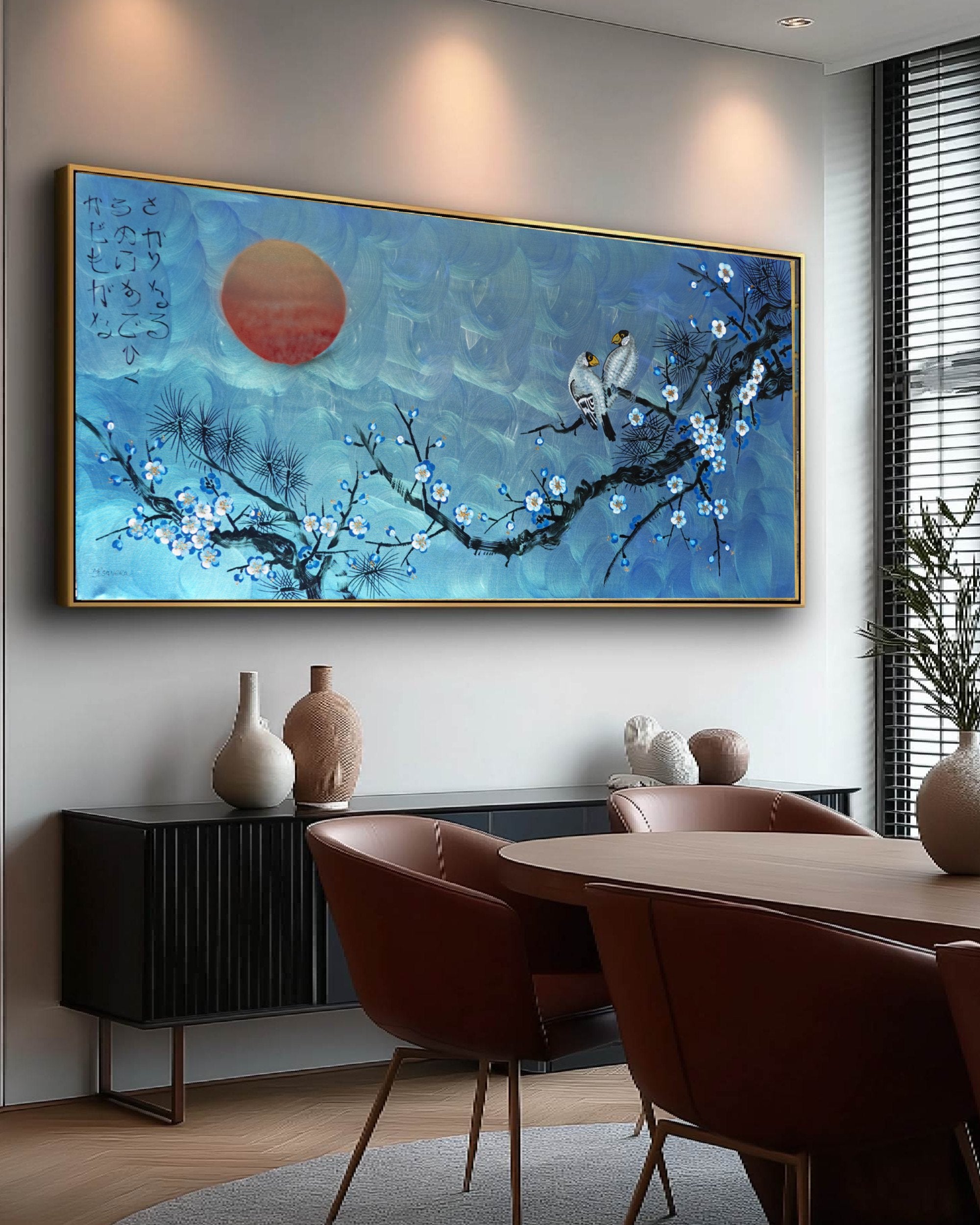 Love Birds and Sakura J488 — blue pearlescent Japanese Painting | Large Acrylic on Canvas | Ksavera