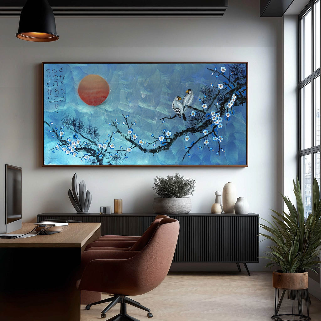 Love Birds and Sakura J488 — blue pearlescent Japanese Painting | Large Acrylic on Canvas | Ksavera