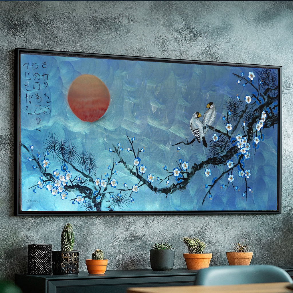 Love Birds and Sakura J488 — blue pearlescent Japanese Painting | Large Acrylic on Canvas | Ksavera