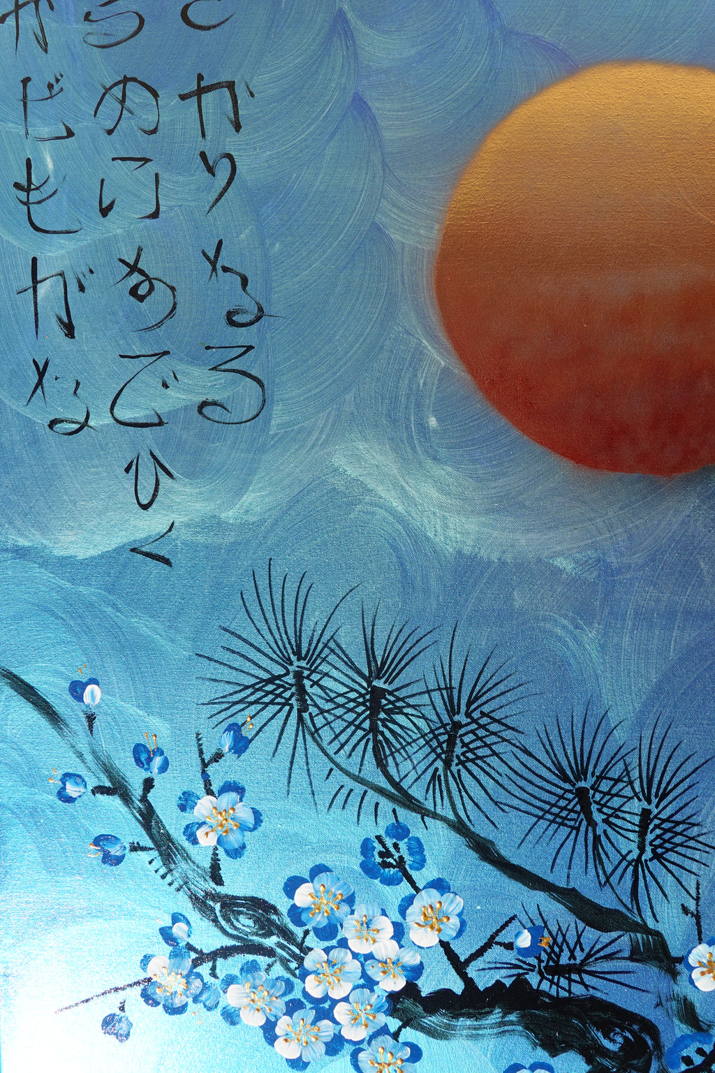 Love Birds and Sakura J488 — blue pearlescent Japanese Painting | Large Acrylic on Canvas | Ksavera