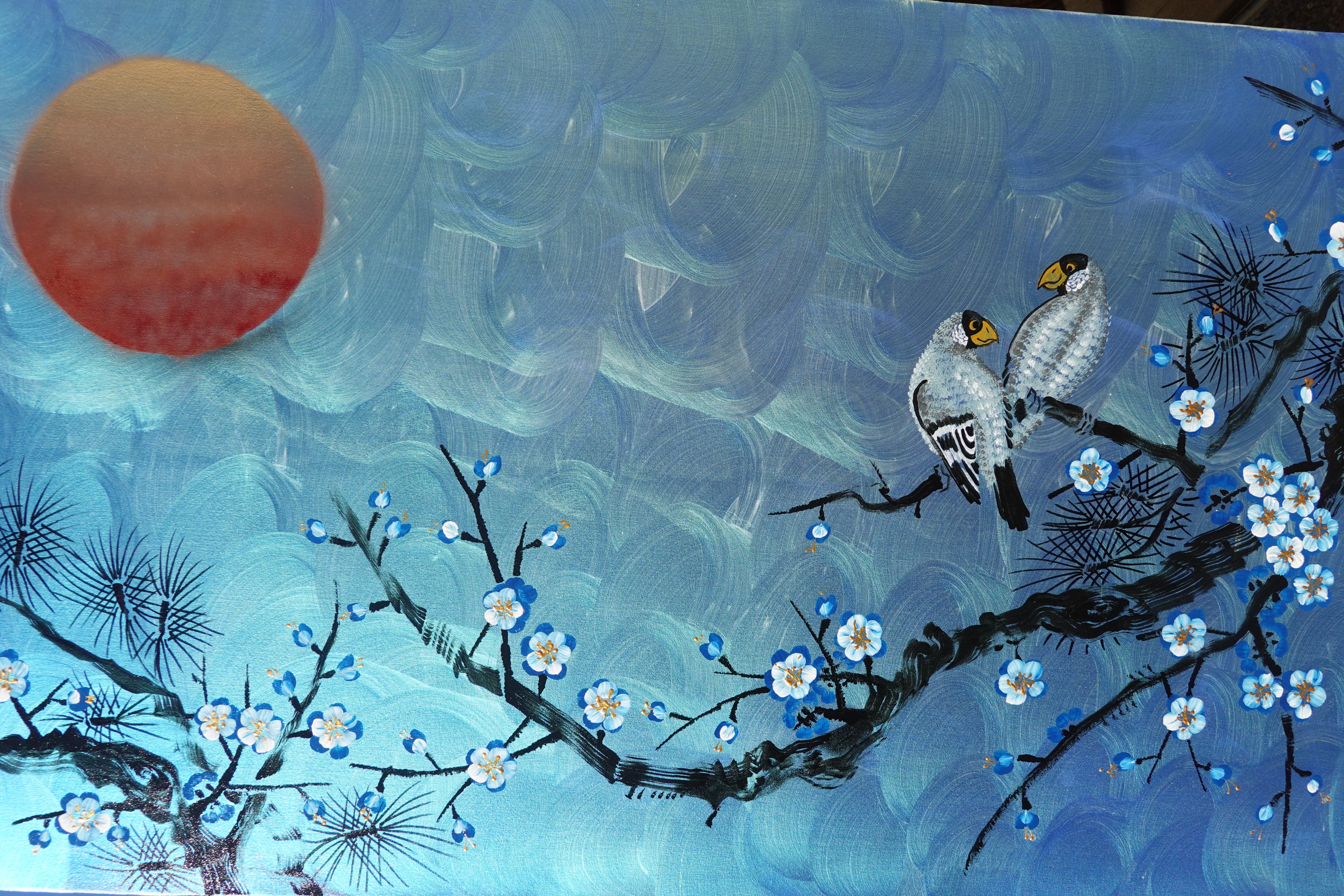 Love Birds and Sakura J488 — blue pearlescent Japanese Painting | Large Acrylic on Canvas | Ksavera
