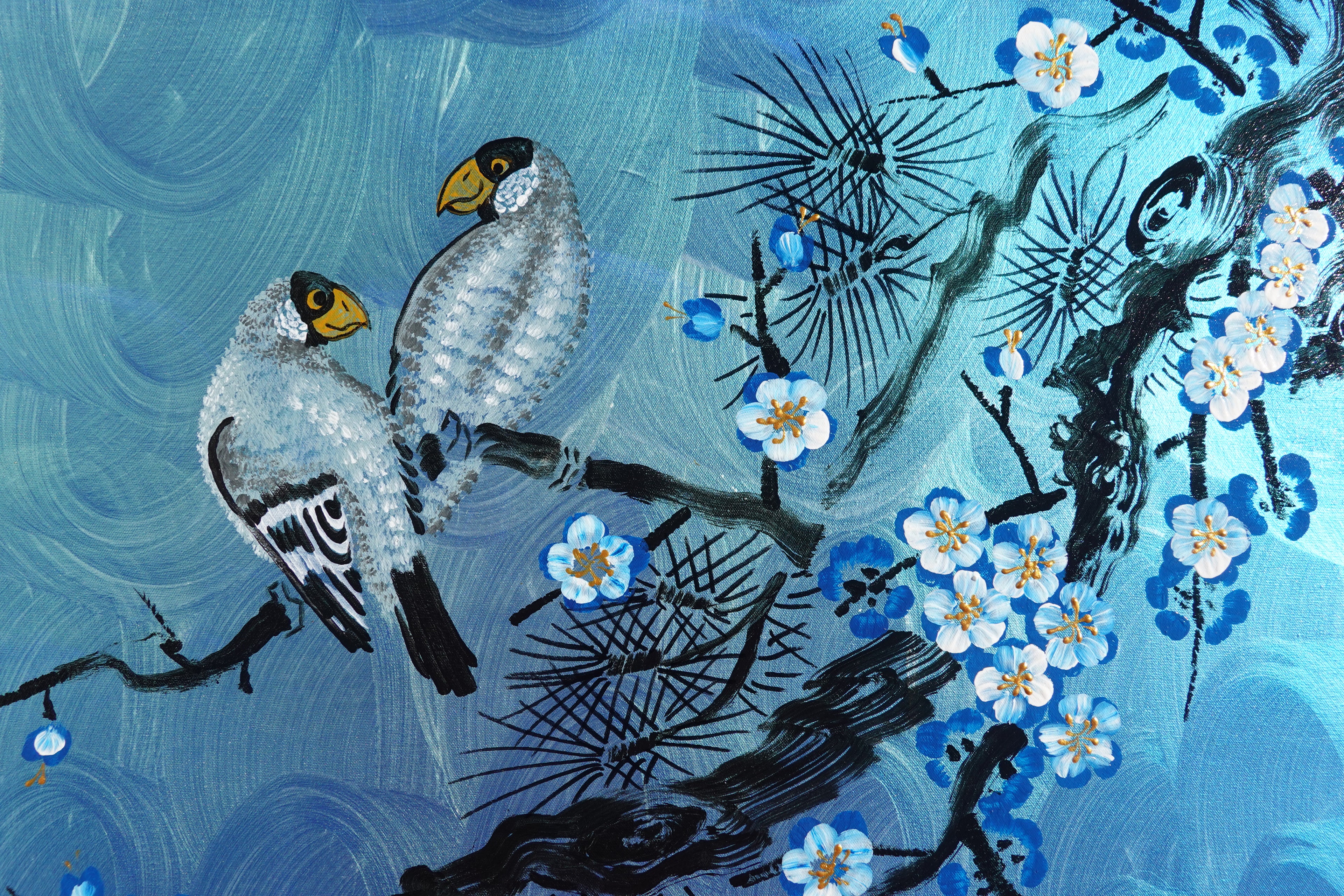 Love Birds and Sakura J488 — blue pearlescent Japanese Painting | Large Acrylic on Canvas | Ksavera