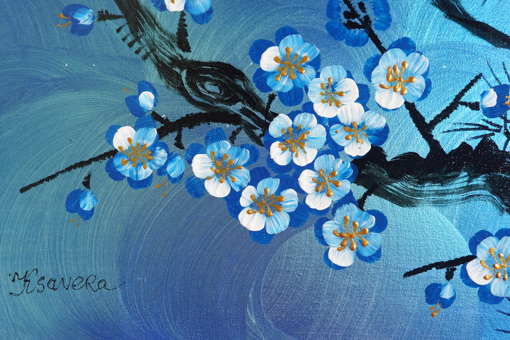 Love Birds and Sakura J488 — blue pearlescent Japanese Painting | Large Acrylic on Canvas | Ksavera