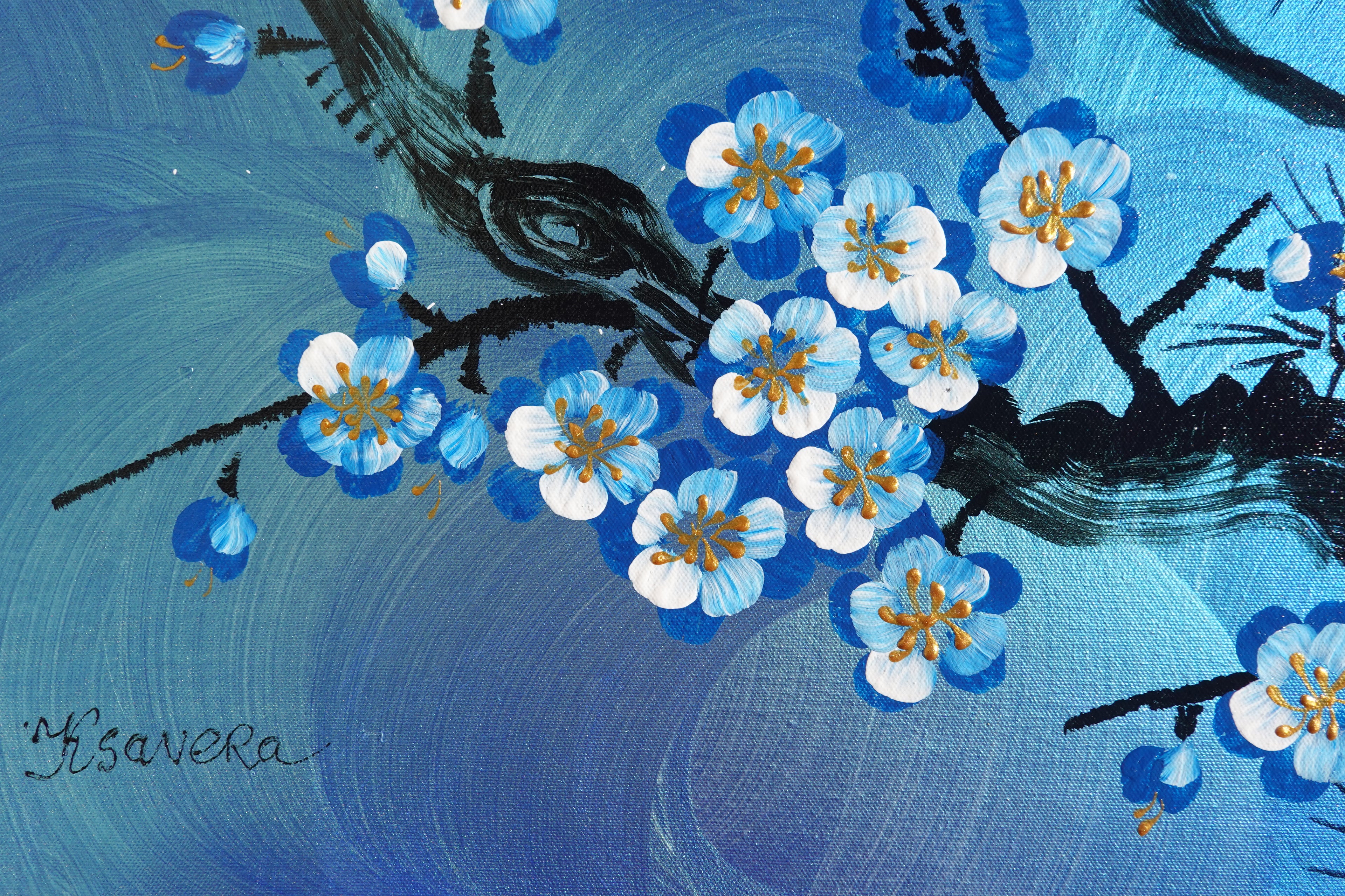 Love Birds and Sakura J488 — blue pearlescent Japanese Painting | Large Acrylic on Canvas | Ksavera