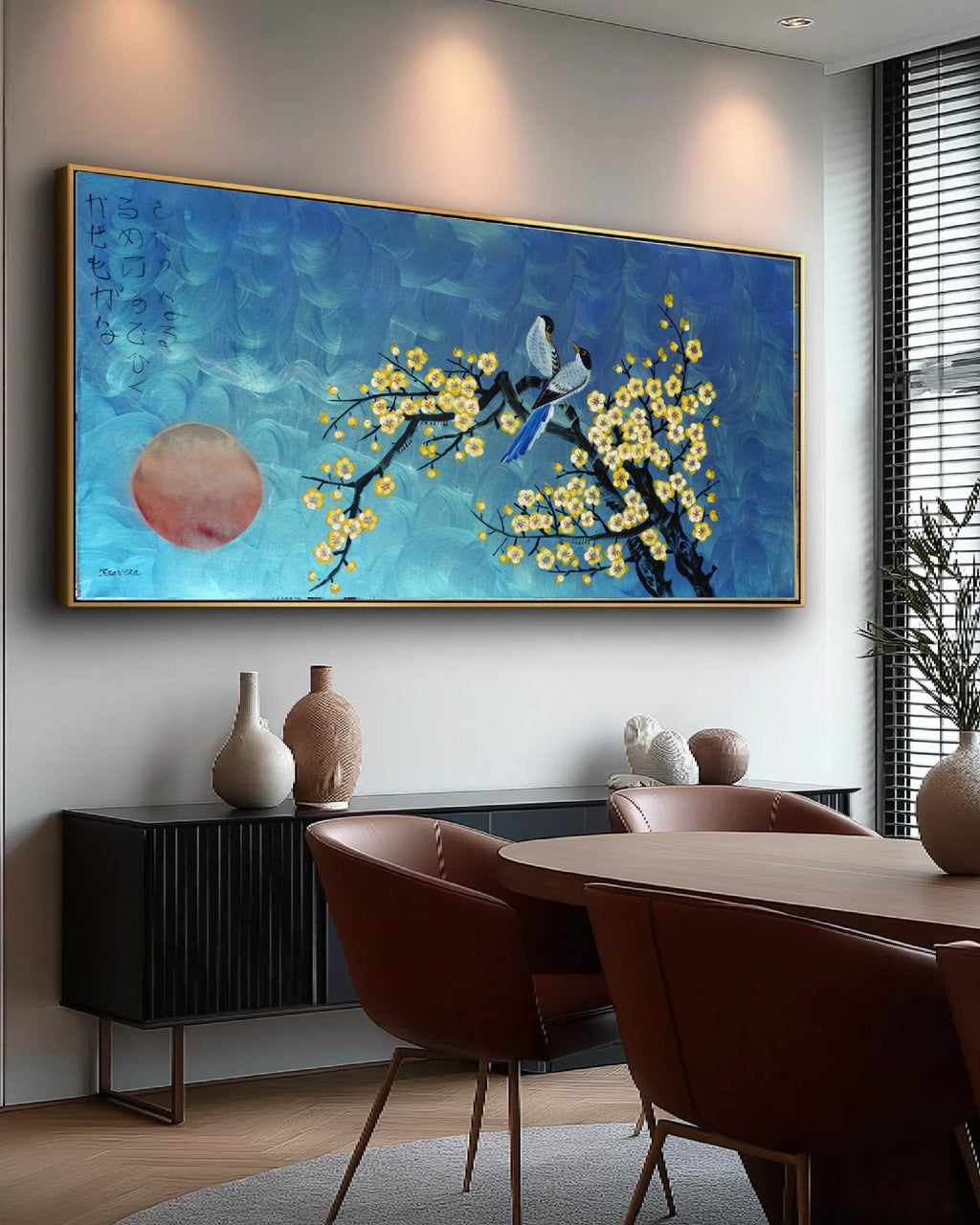 Love Birds and Sakura J489 — pearlescent blue | Japanese Painting | Large Acrylic on Canvas | Ksavera