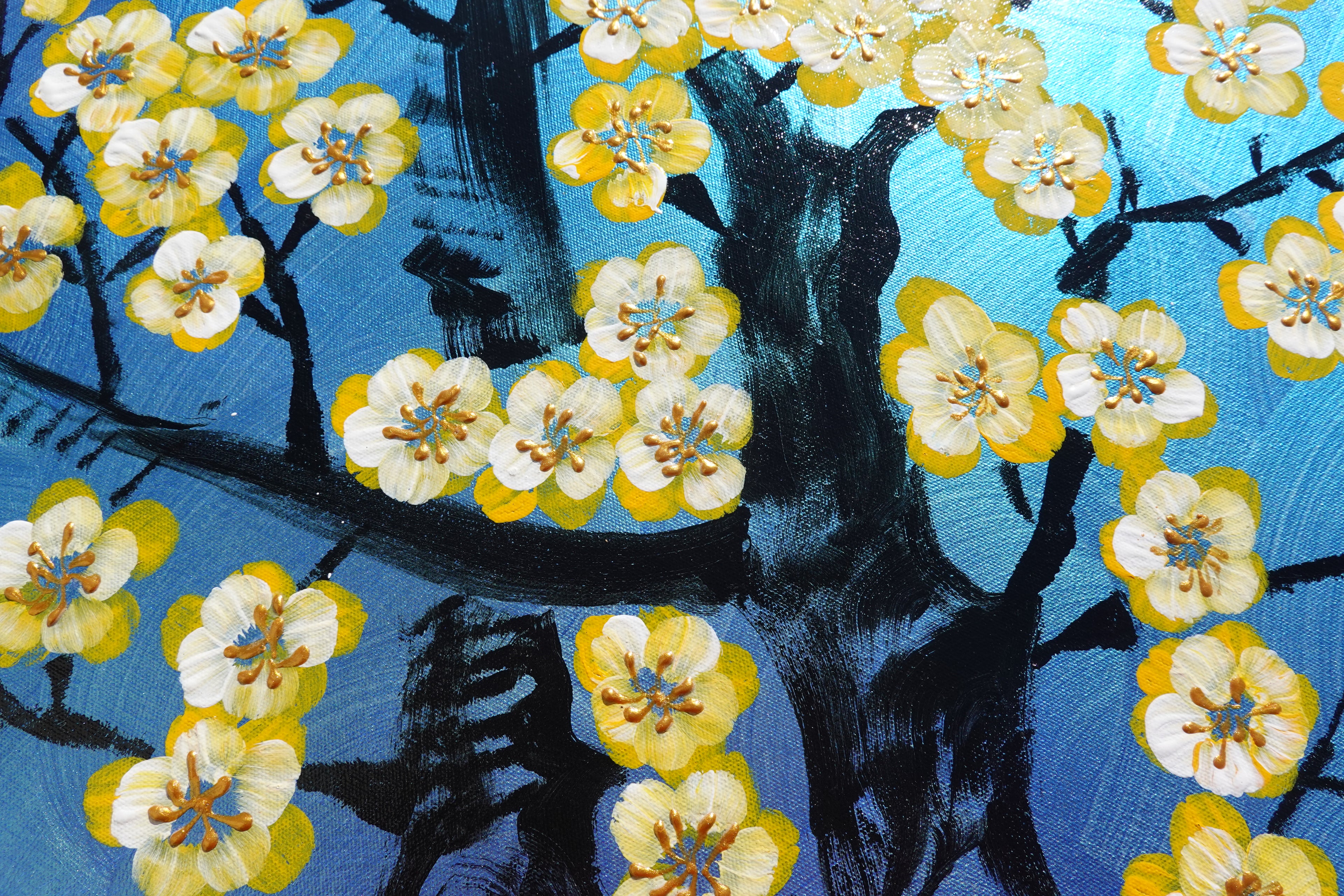 Love Birds and Sakura J489 — pearlescent blue | Japanese Painting | Large Acrylic on Canvas | Ksavera