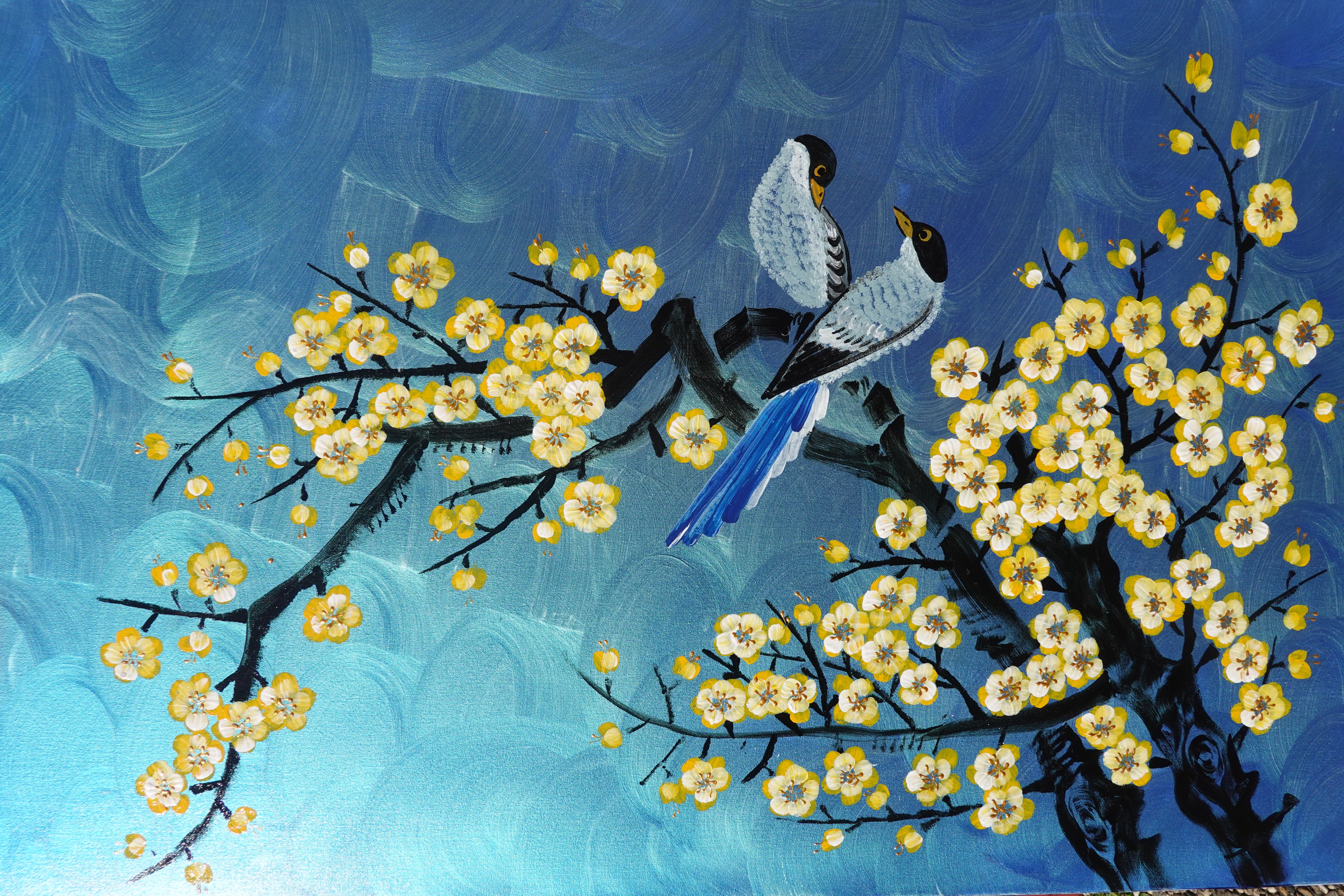 Love Birds and Sakura J489 — large blue Japanese Painting