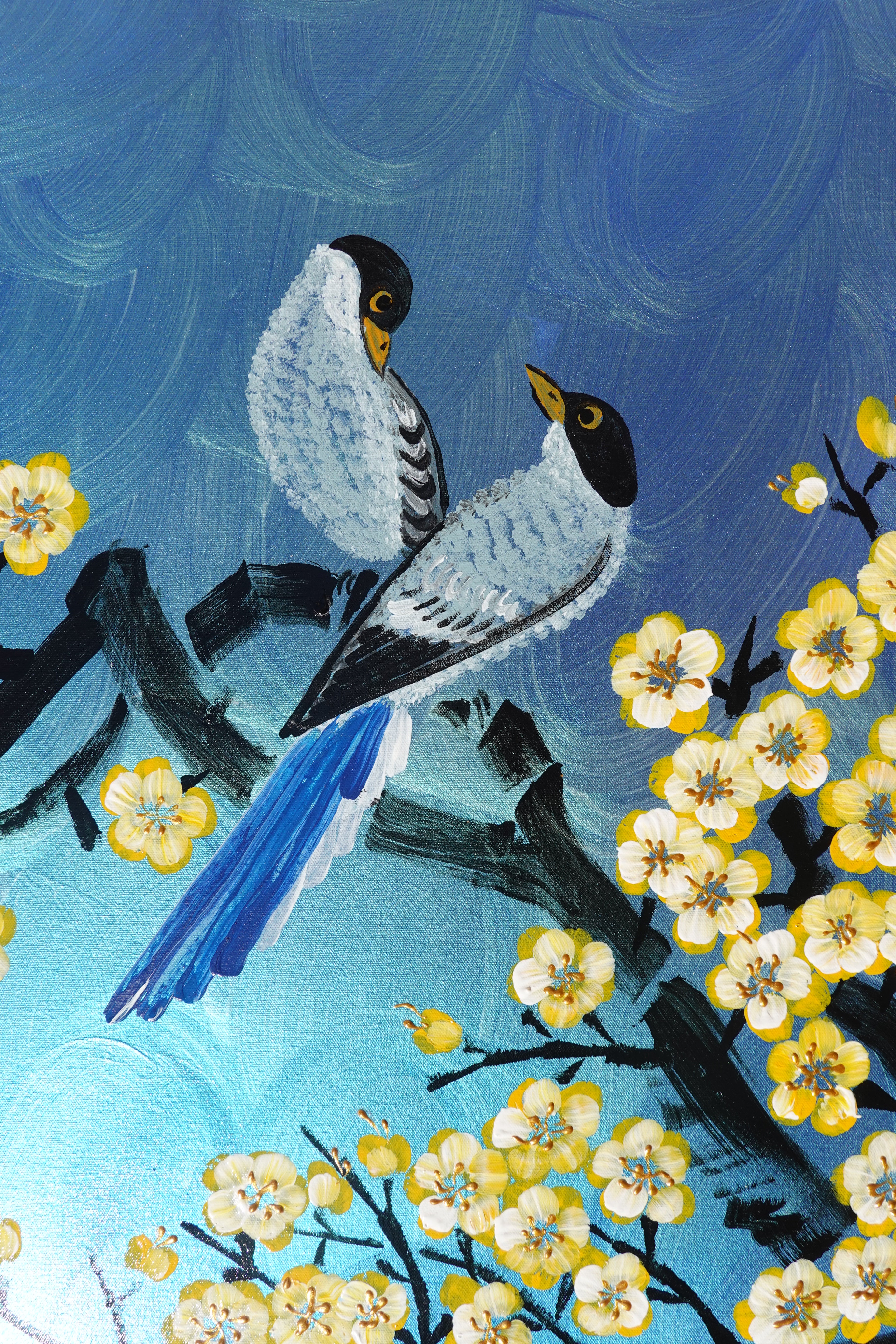 Love Birds and Sakura J489 — pearlescent blue | Japanese Painting | Large Acrylic on Canvas | Ksavera