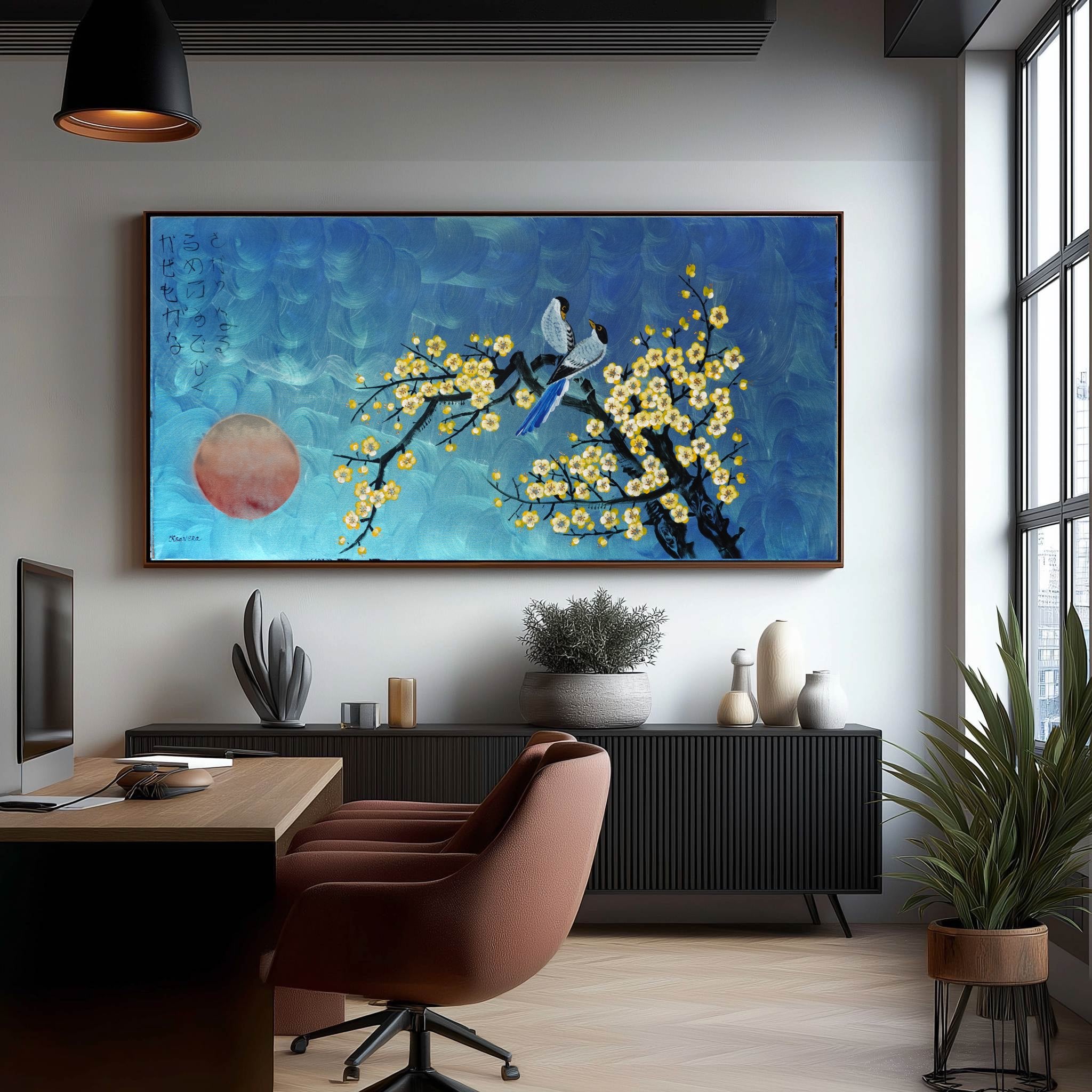 Love Birds and Sakura J489 — large blue Japanese Painting