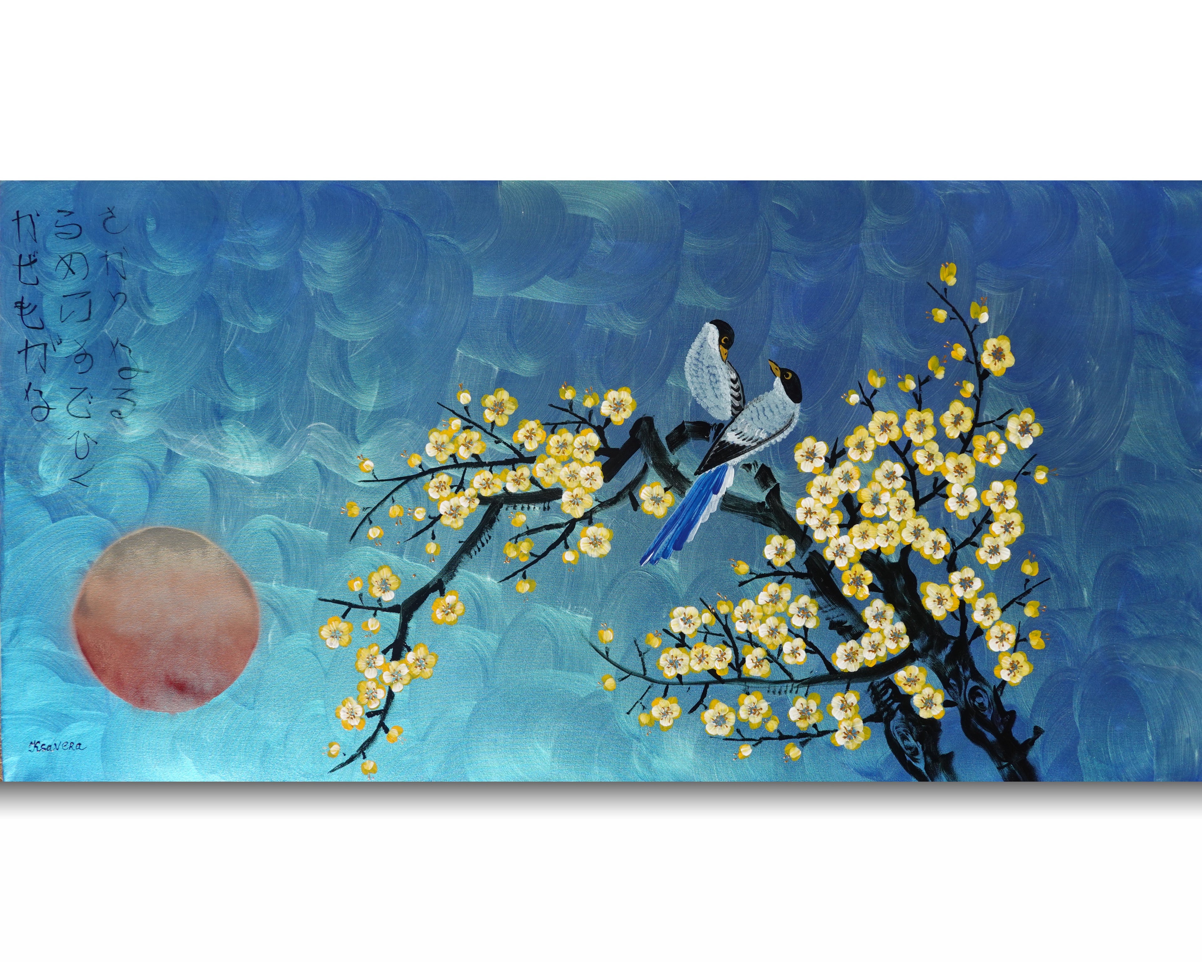 Love Birds and Sakura J489 — pearlescent blue | Japanese Painting | Large Acrylic on Canvas | Ksavera