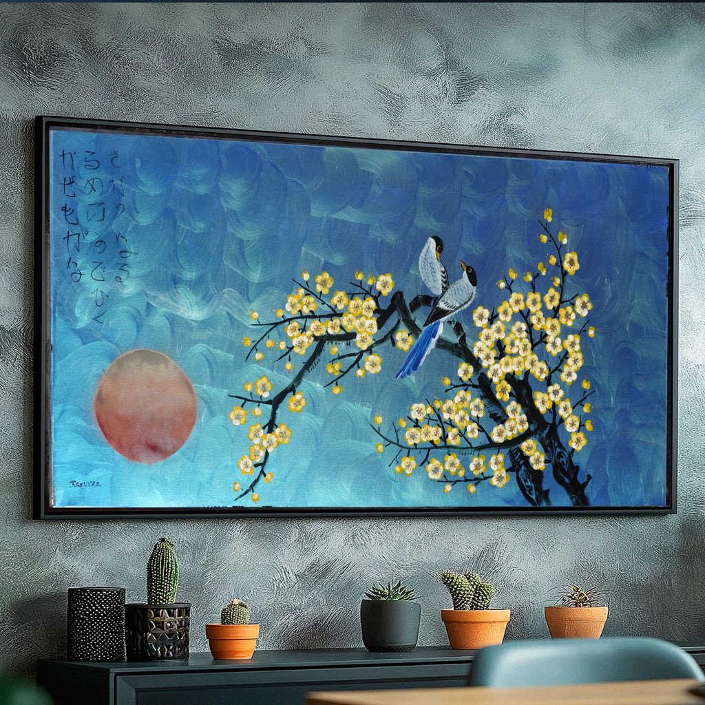 Love Birds and Sakura J489 — pearlescent blue | Japanese Painting | Large Acrylic on Canvas | Ksavera