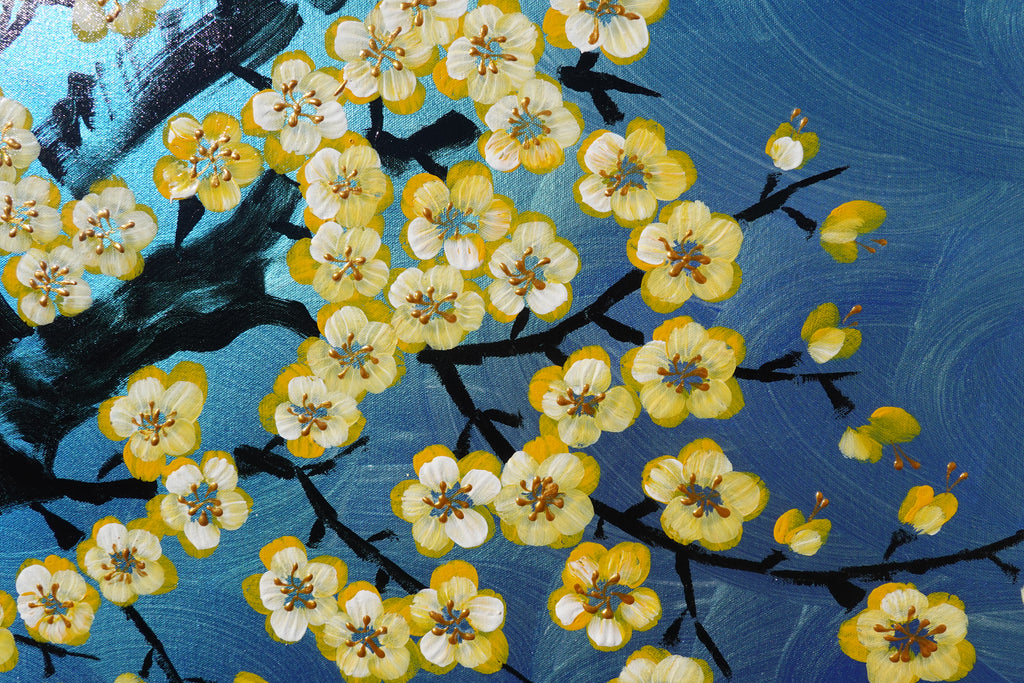 Love Birds and Sakura J489 — pearlescent blue | Japanese Painting | Large Acrylic on Canvas | Ksavera