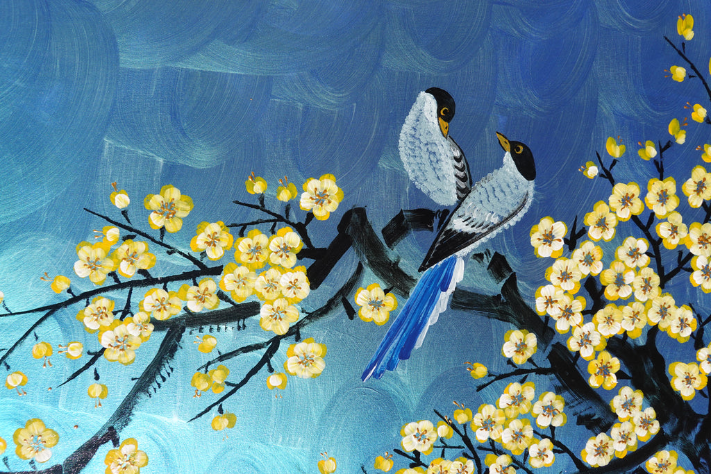 Love Birds and Sakura J489 — pearlescent blue | Japanese Painting | Large Acrylic on Canvas | Ksavera