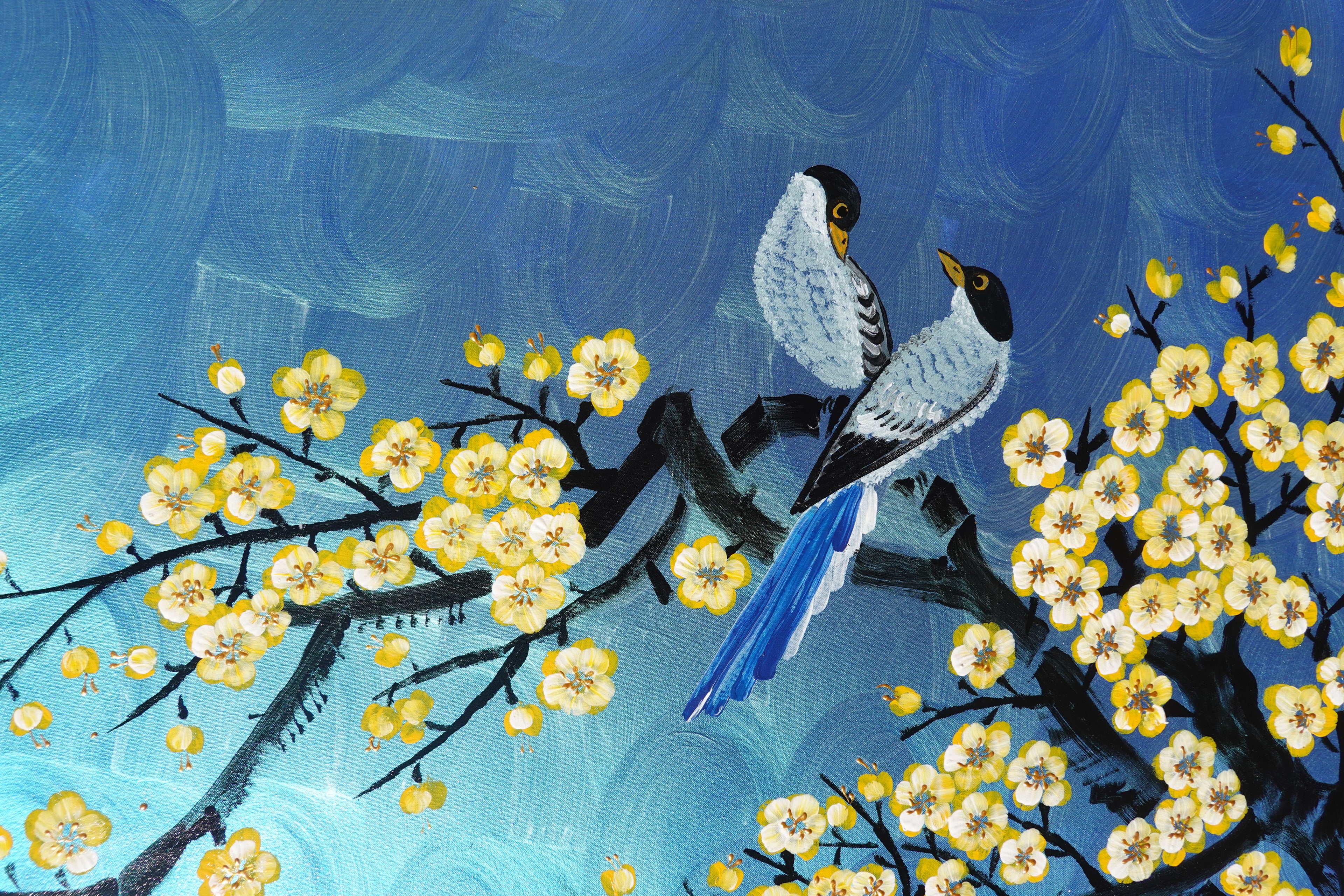 Love Birds and Sakura J489 — pearlescent blue | Japanese Painting | Large Acrylic on Canvas | Ksavera