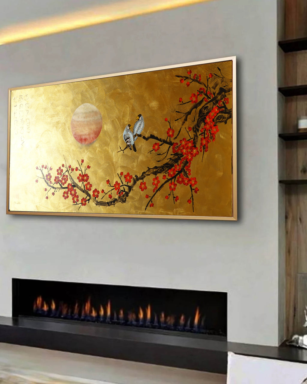Love Birds and Sakura J490 — gold Japanese Painting | Large Acrylic on Canvas | Ksavera