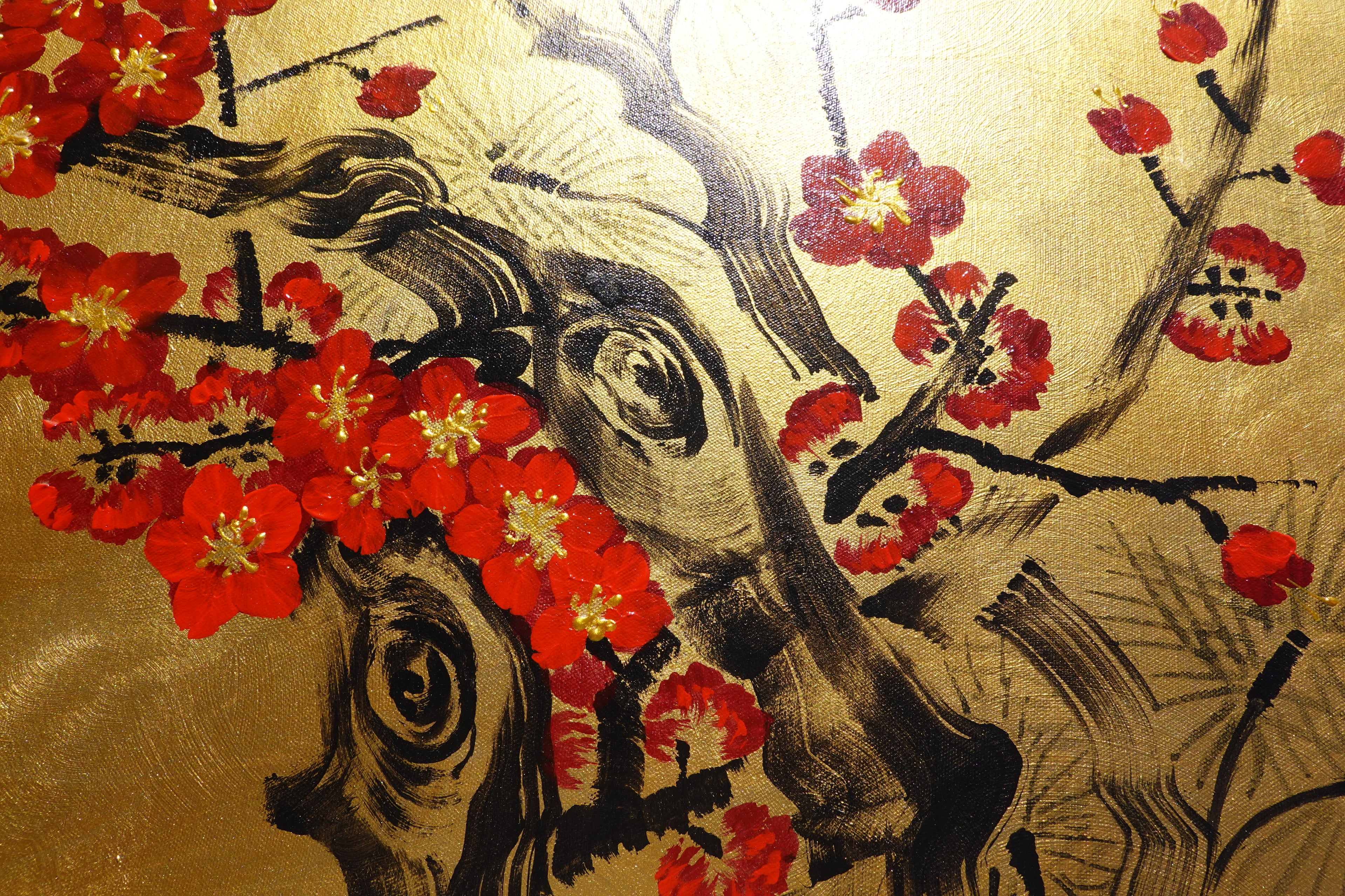 Love Birds and Sakura J490 — gold Japanese Painting | Large Acrylic on Canvas | Ksavera