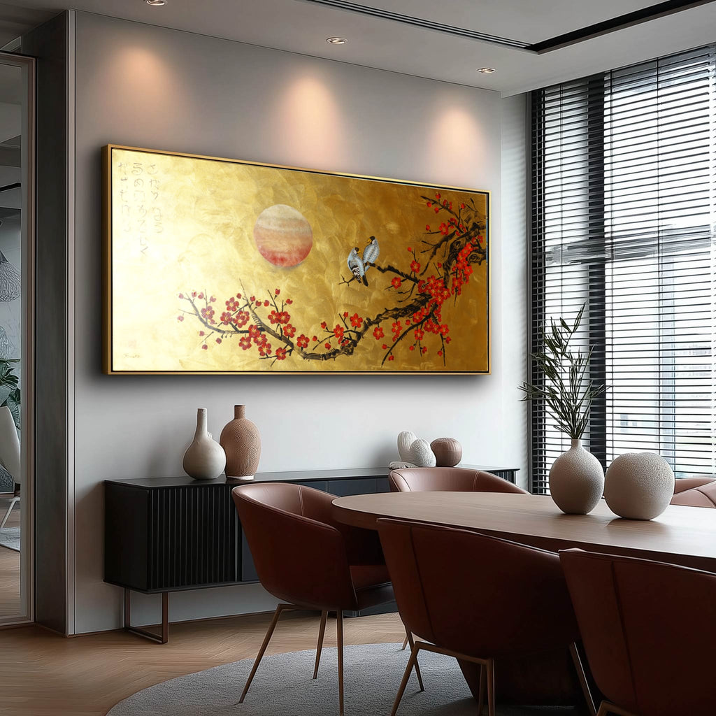 Love Birds and Sakura J490 — gold Japanese Painting | Large Acrylic on Canvas | Ksavera