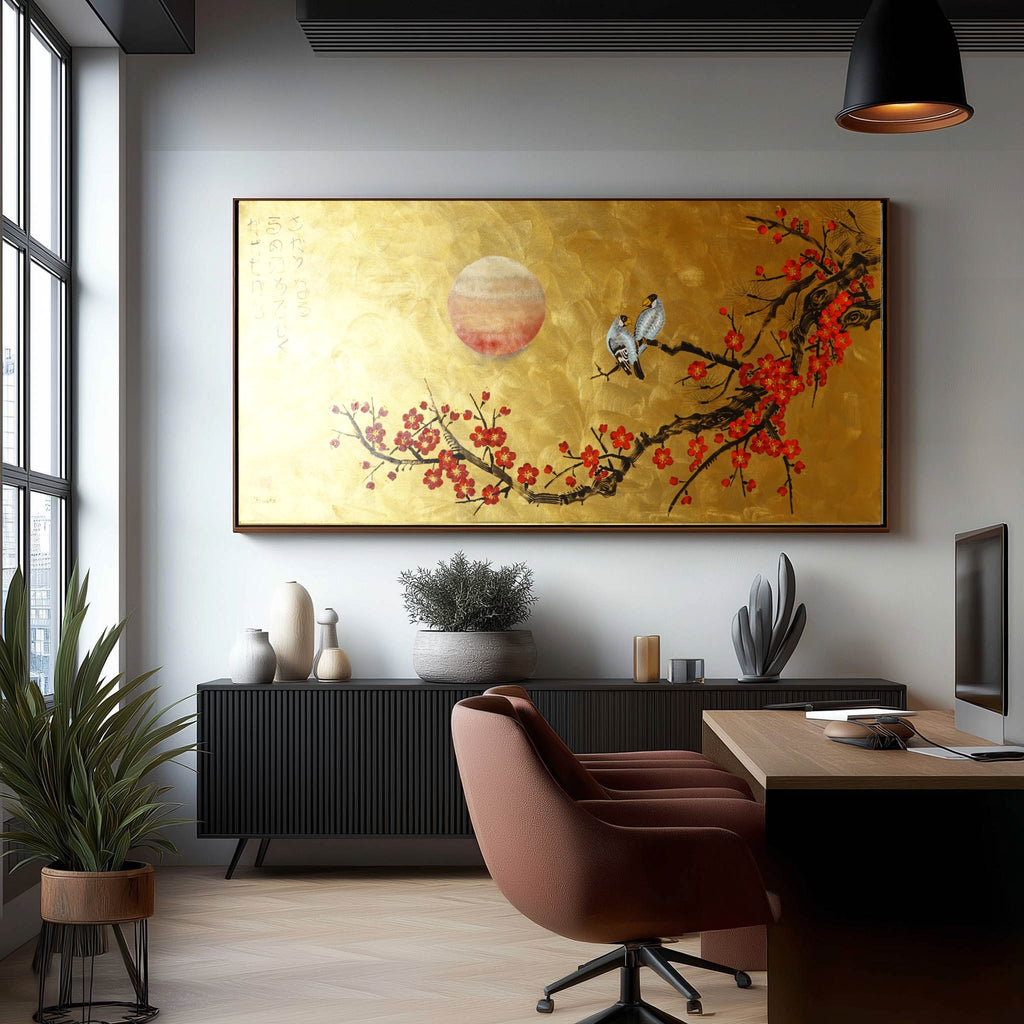 Love Birds and Sakura J490 — gold Japanese Painting | Large Acrylic on Canvas | Ksavera