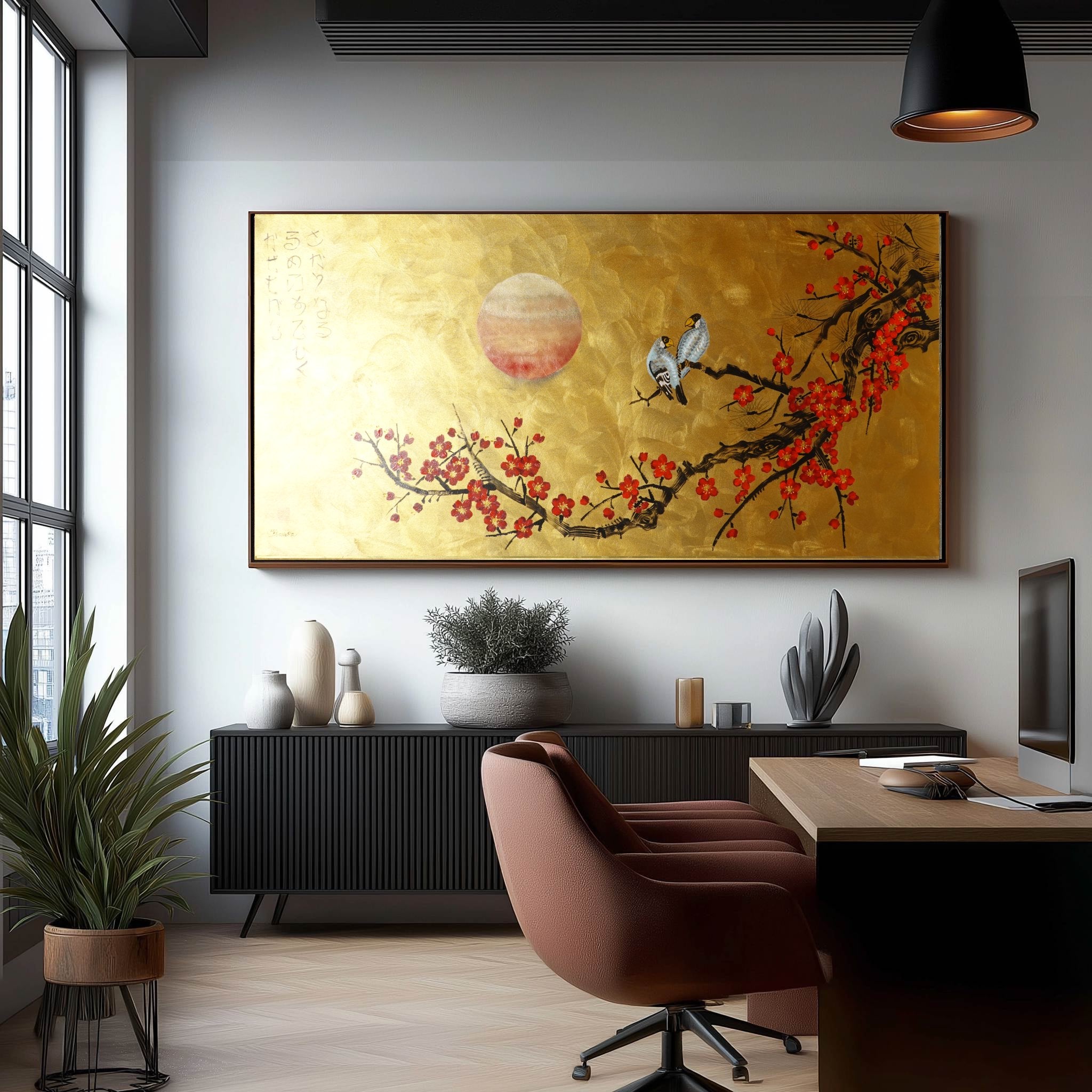 Love Birds and Sakura J490 — gold Japanese Painting | Large Acrylic on Canvas | Ksavera