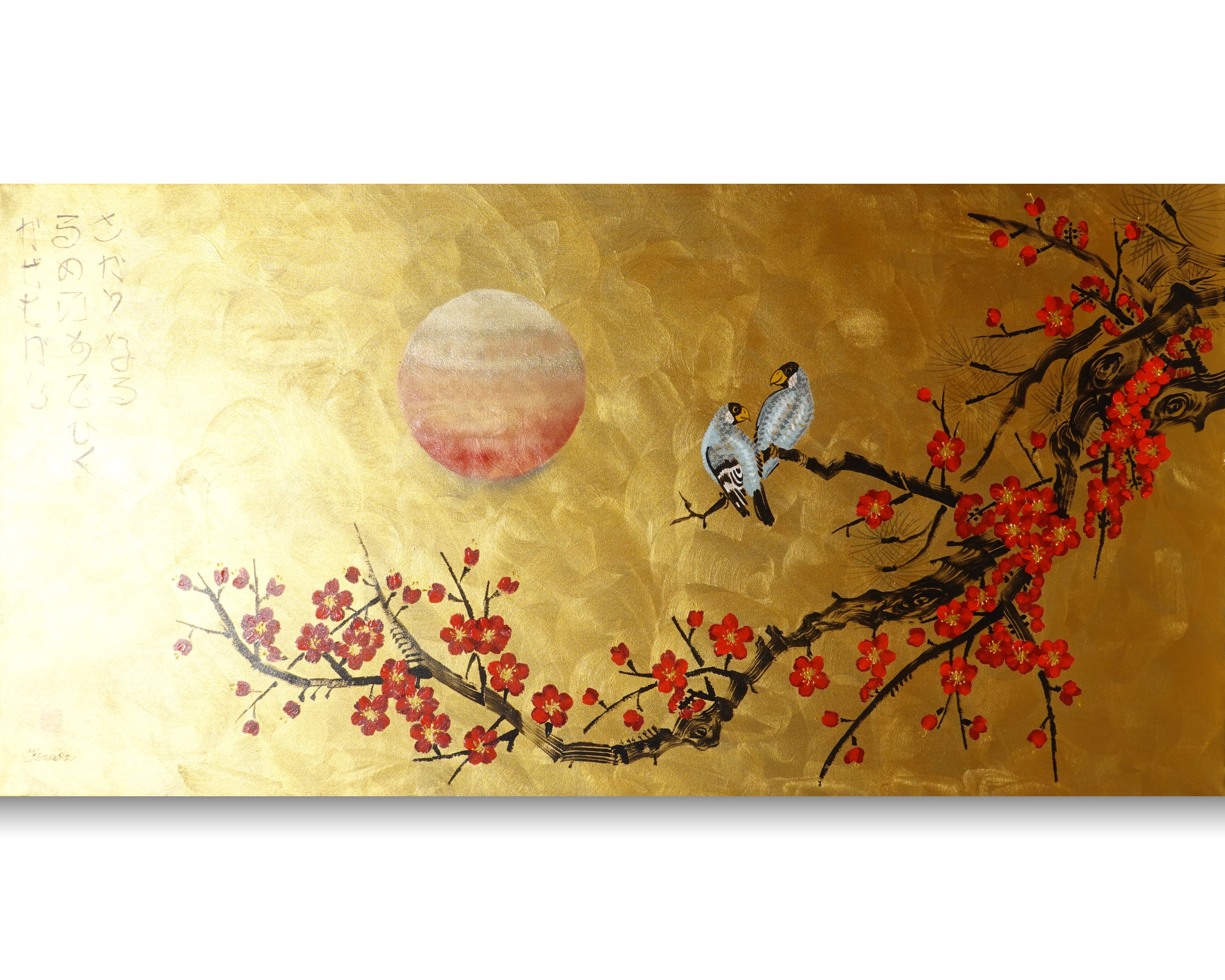 Love Birds and Sakura J490 — gold Japanese Painting | Large Acrylic on Canvas | Ksavera