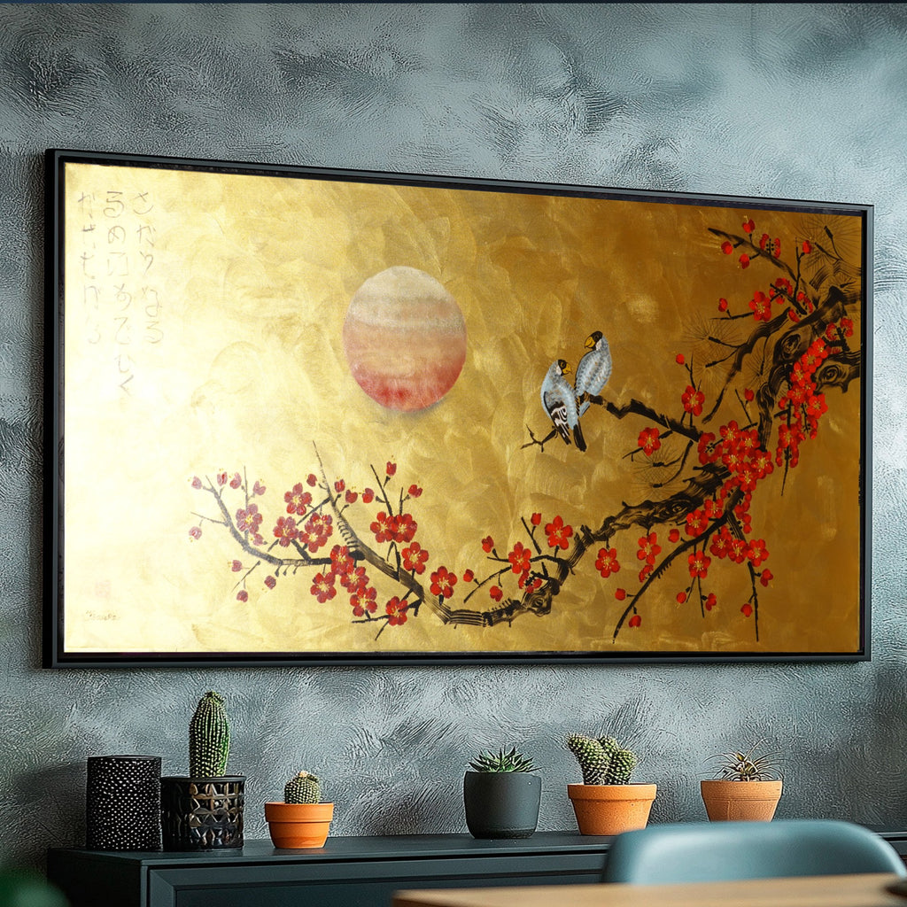 Love Birds and Sakura J490 — gold Japanese Painting | Large Acrylic on Canvas | Ksavera