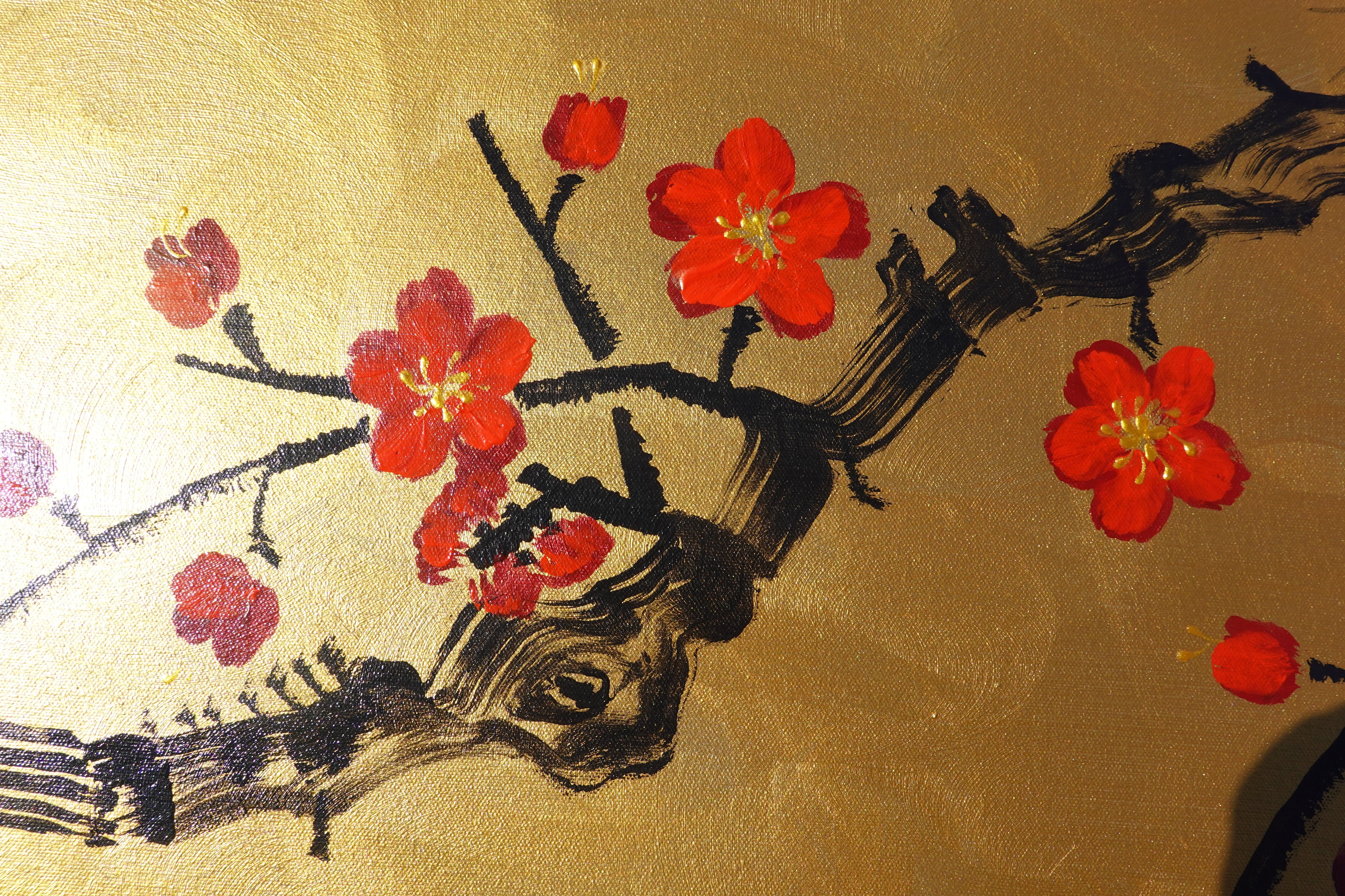 Love Birds and Sakura J490 — gold Japanese Painting | Large Acrylic on Canvas | Ksavera