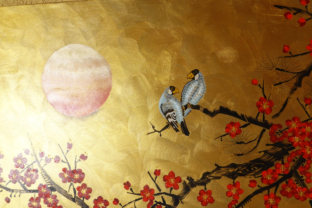 Love Birds and Sakura J490 — gold Japanese Painting | Large Acrylic on Canvas | Ksavera