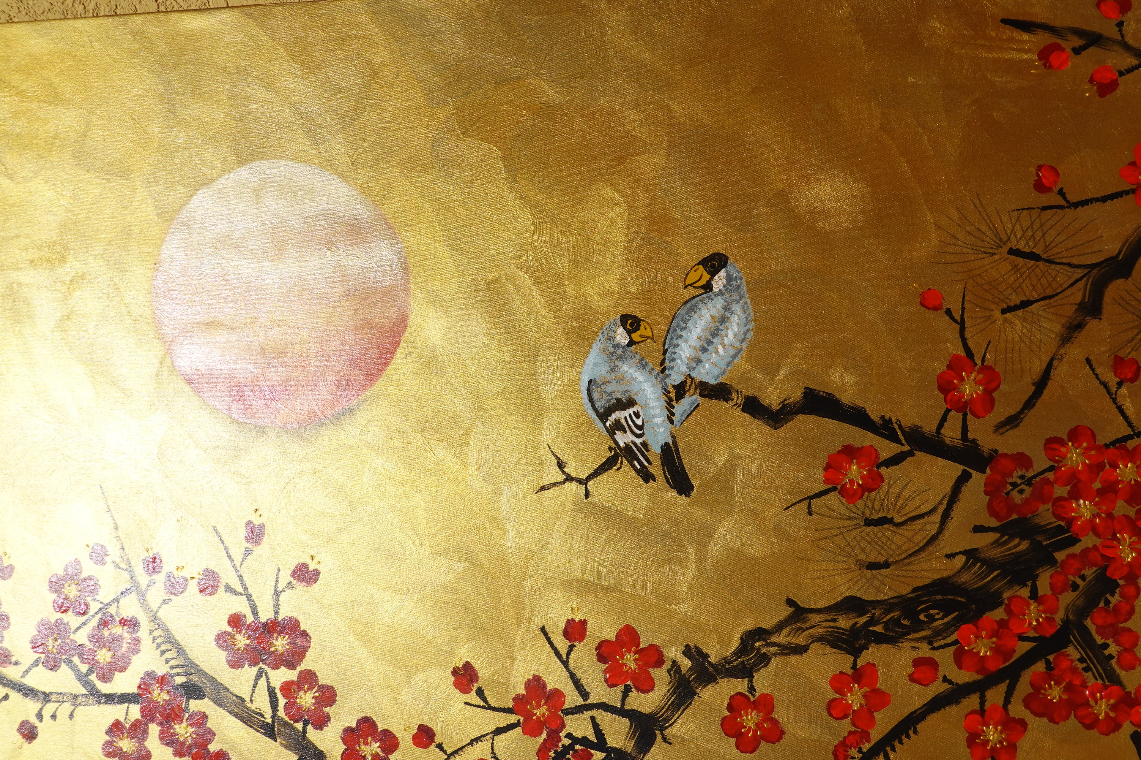 Love Birds and Sakura J490 — gold Japanese Painting | Large Acrylic on Canvas | Ksavera