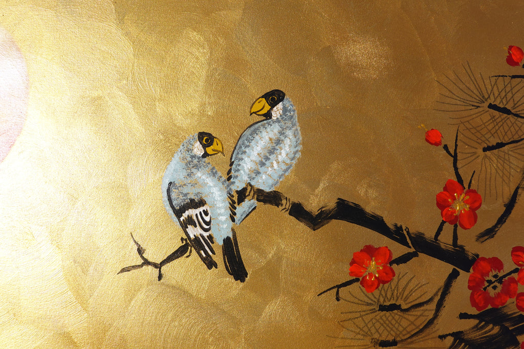 Love Birds and Sakura J490 — gold Japanese Painting | Large Acrylic on Canvas | Ksavera