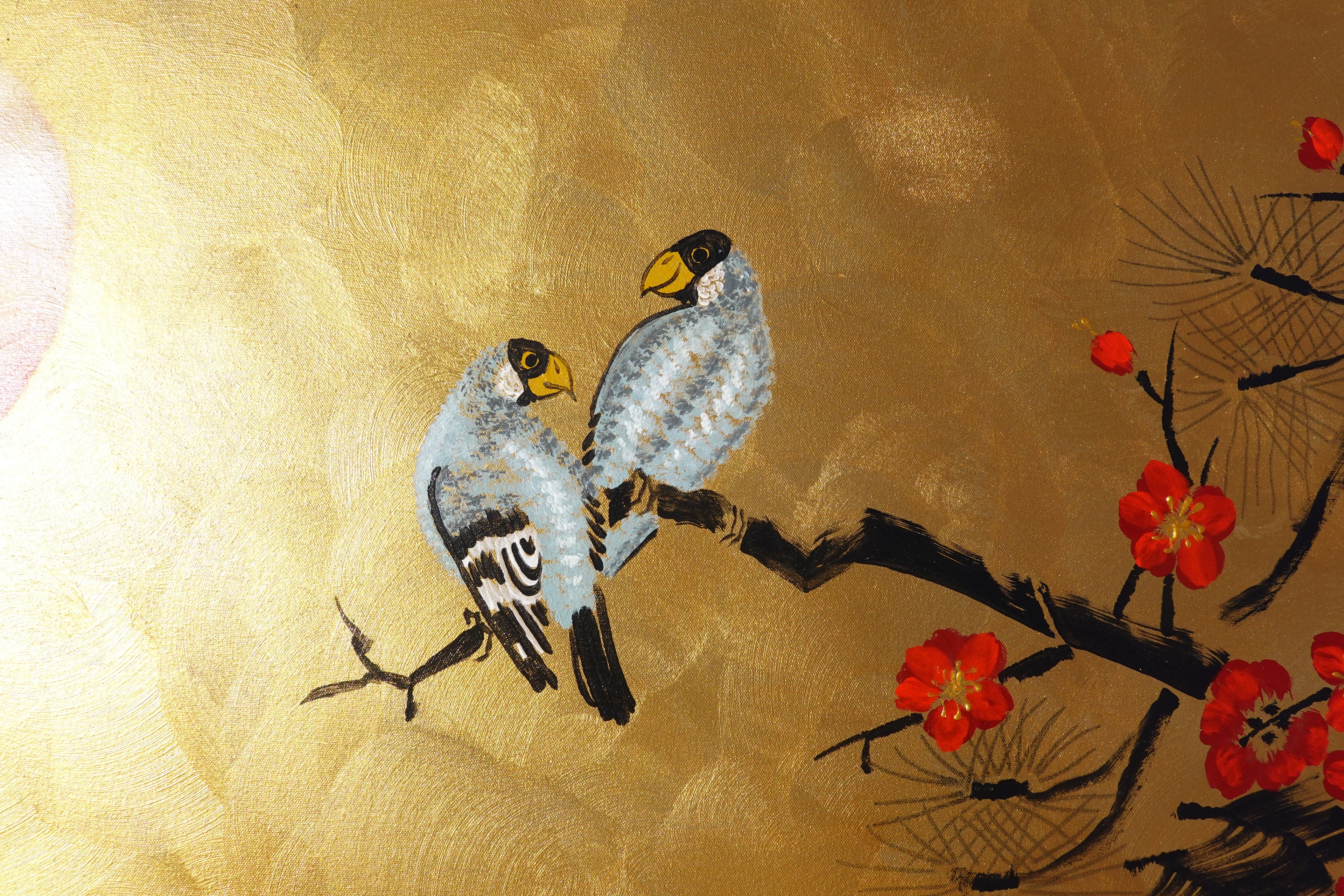 Love Birds and Sakura J490 — gold Japanese Painting | Large Acrylic on Canvas | Ksavera