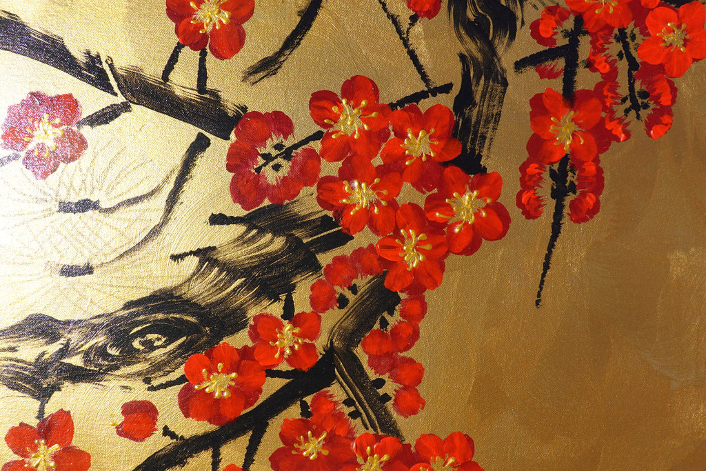 Love Birds and Sakura J490 — gold Japanese Painting | Large Acrylic on Canvas | Ksavera
