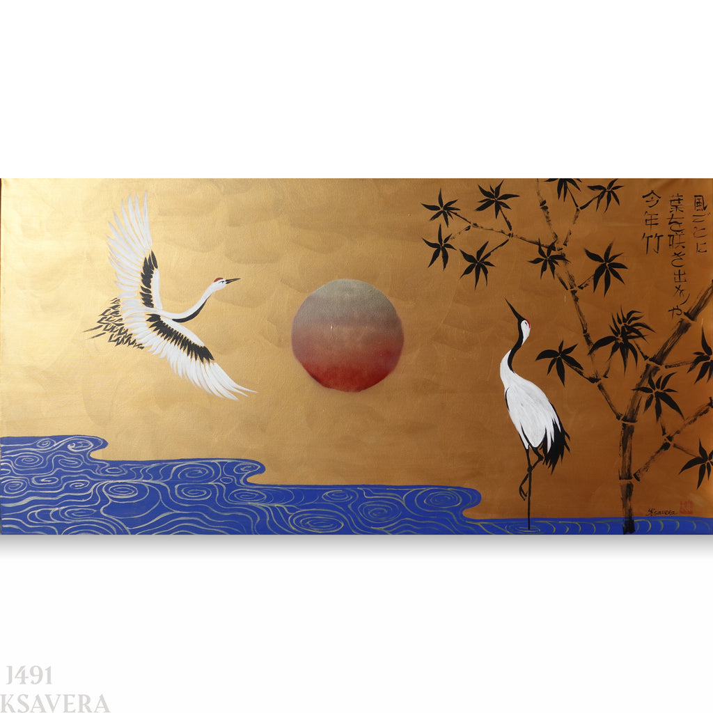 a serene scene with two white cranes in flight, one near a bamboo and the other near a river, against a golden background.