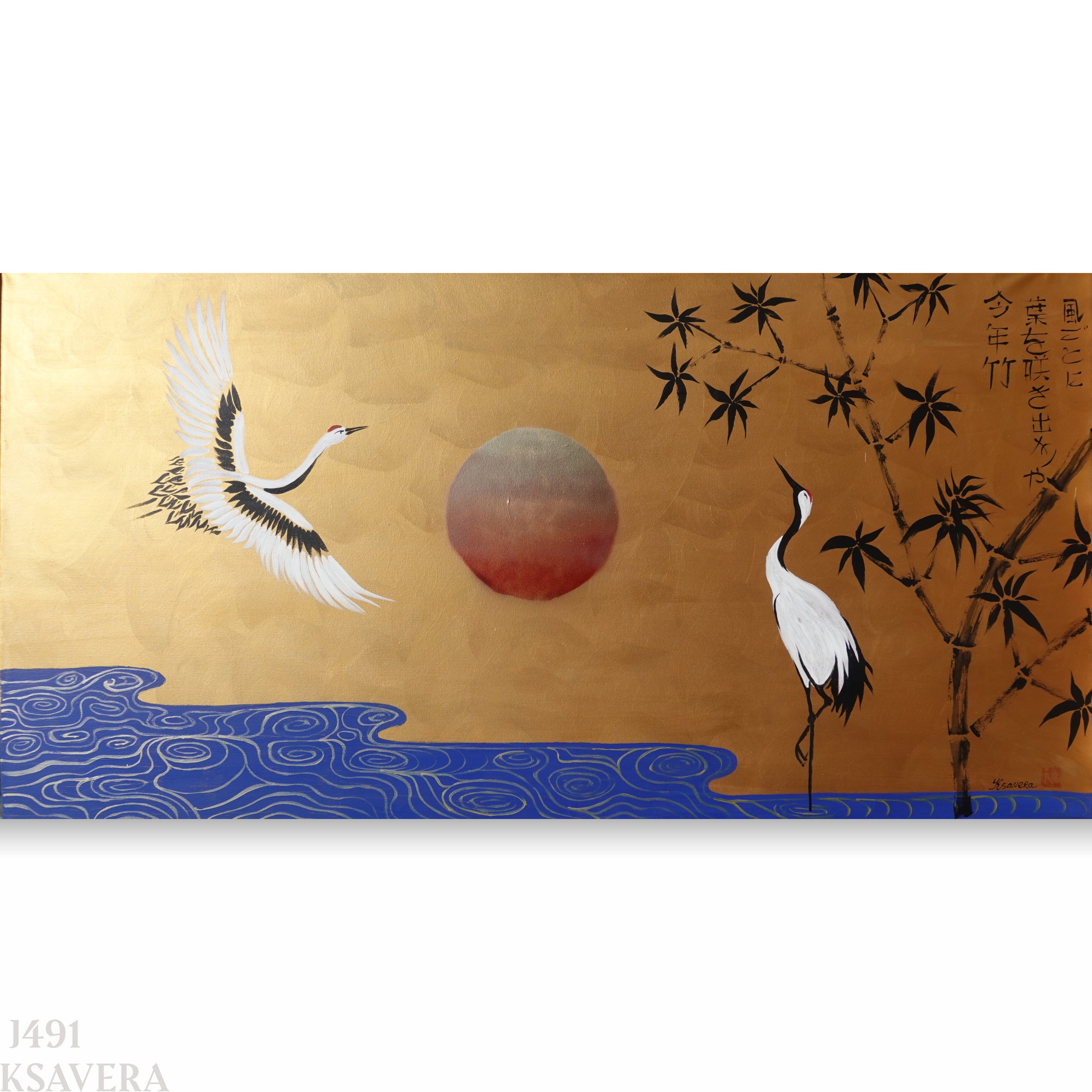 a serene scene with two white cranes in flight, one near a bamboo and the other near a river, against a golden background.