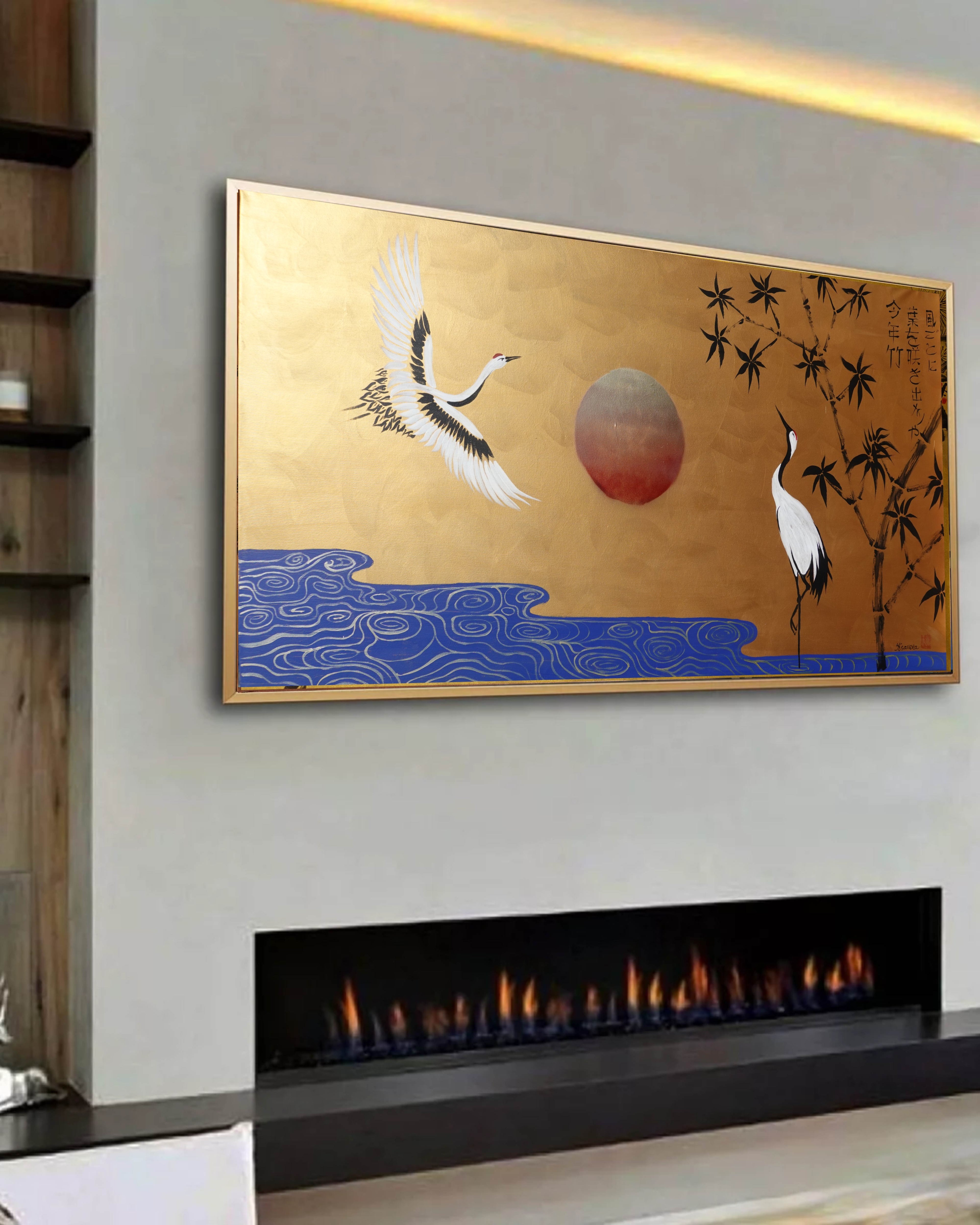 Cranes and bamboo J491 — gold Japanese Painting | Large Acrylic on Canvas | Ksavera