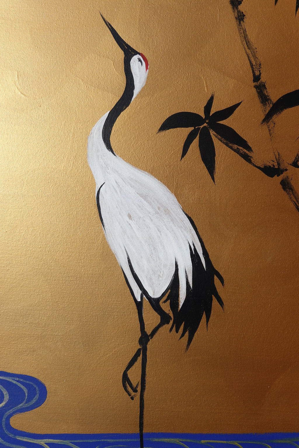 Cranes and bamboo J491 — gold Japanese Painting | Large Acrylic on Canvas | Ksavera