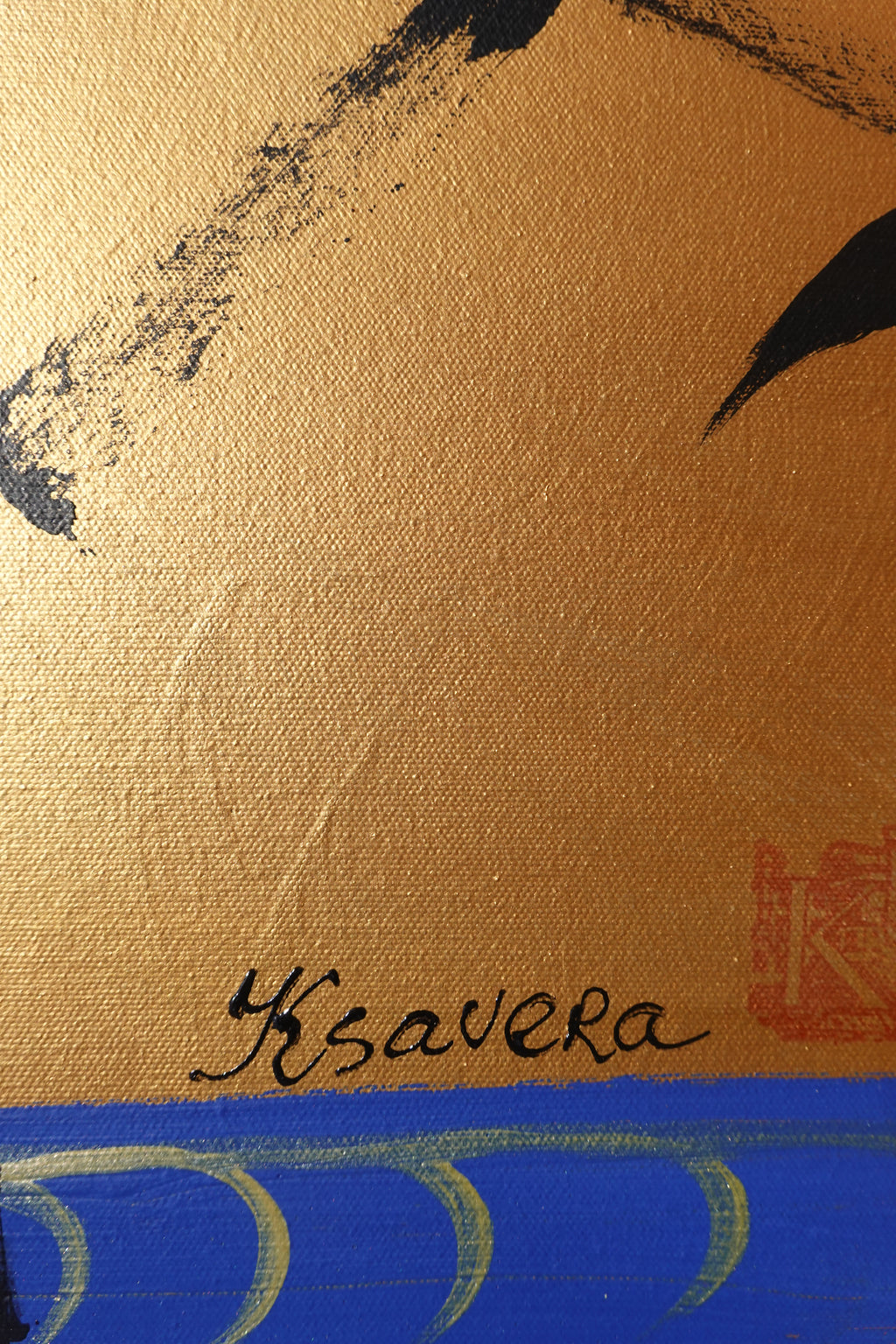 Cranes and bamboo J491 — gold Japanese Painting | Large Acrylic on Canvas | Ksavera
