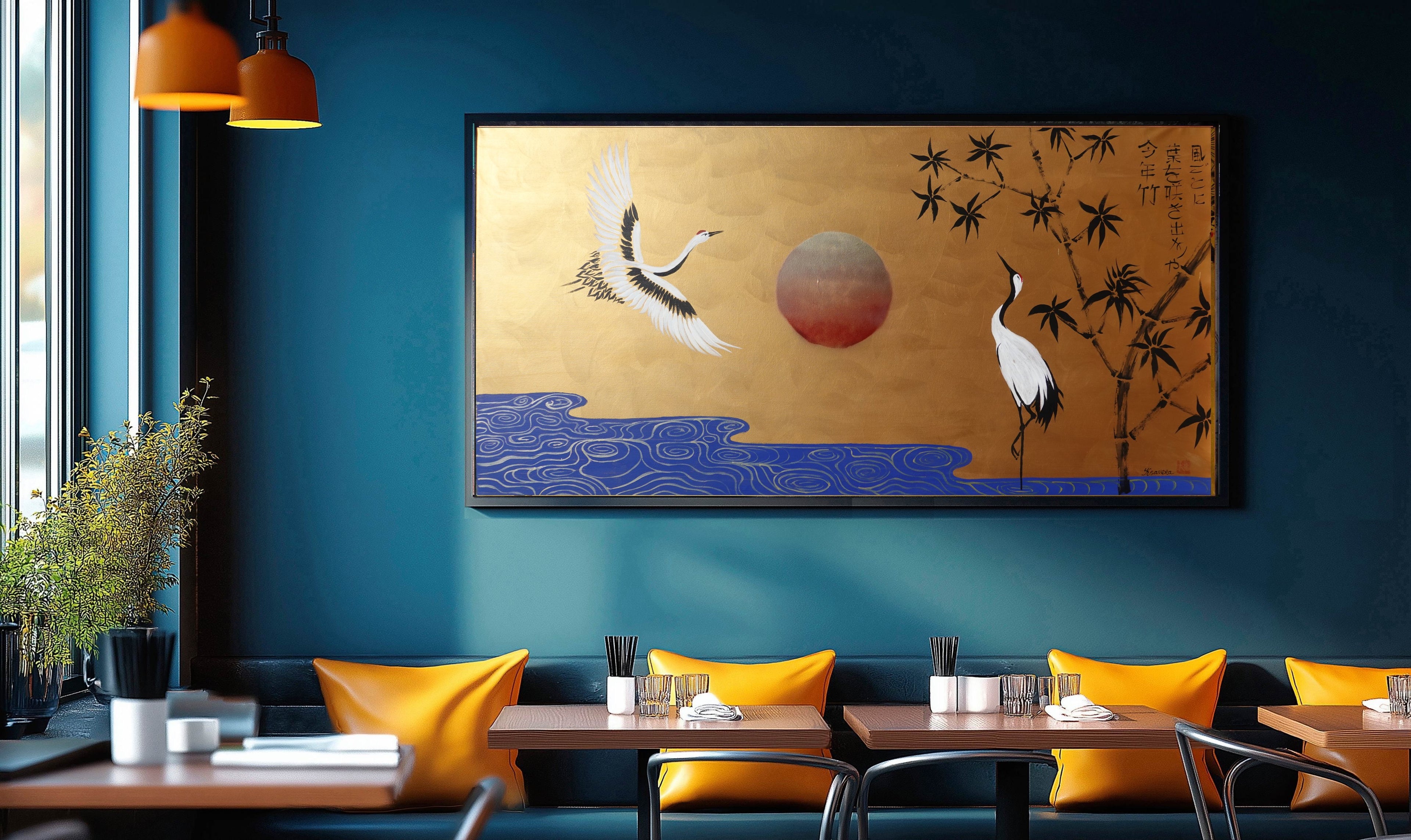 Cranes and bamboo J491 — gold Japanese Painting | Large Acrylic on Canvas | Ksavera