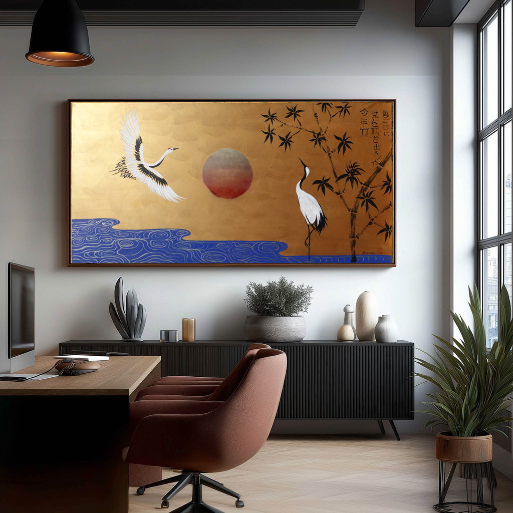 Cranes and bamboo J491 — gold Japanese Painting | Large Acrylic on Canvas | Ksavera