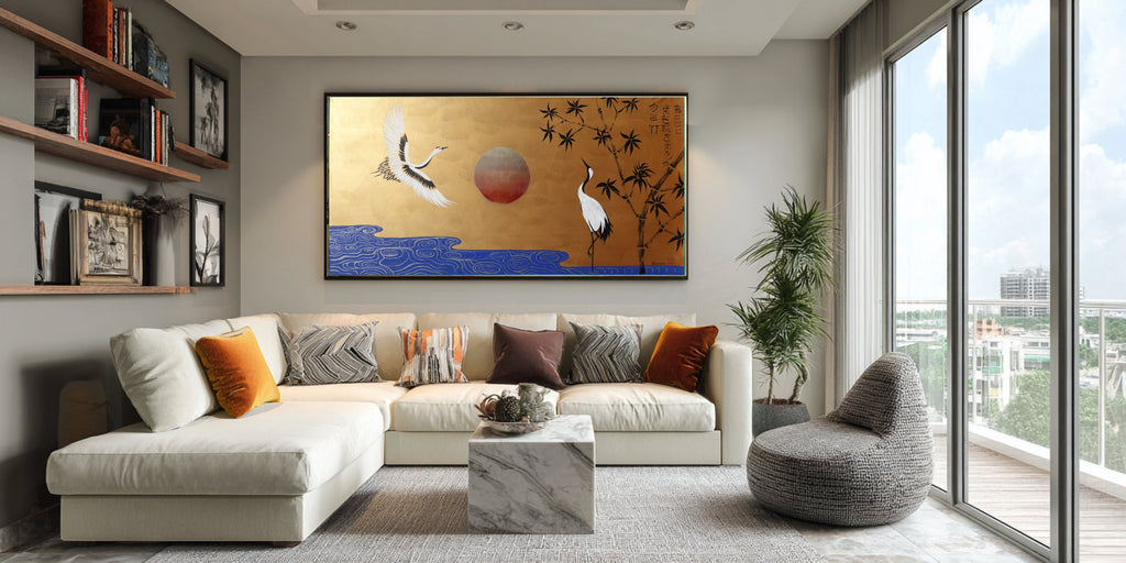 Cranes and bamboo J491 — gold Japanese Painting | Large Acrylic on Canvas | Ksavera