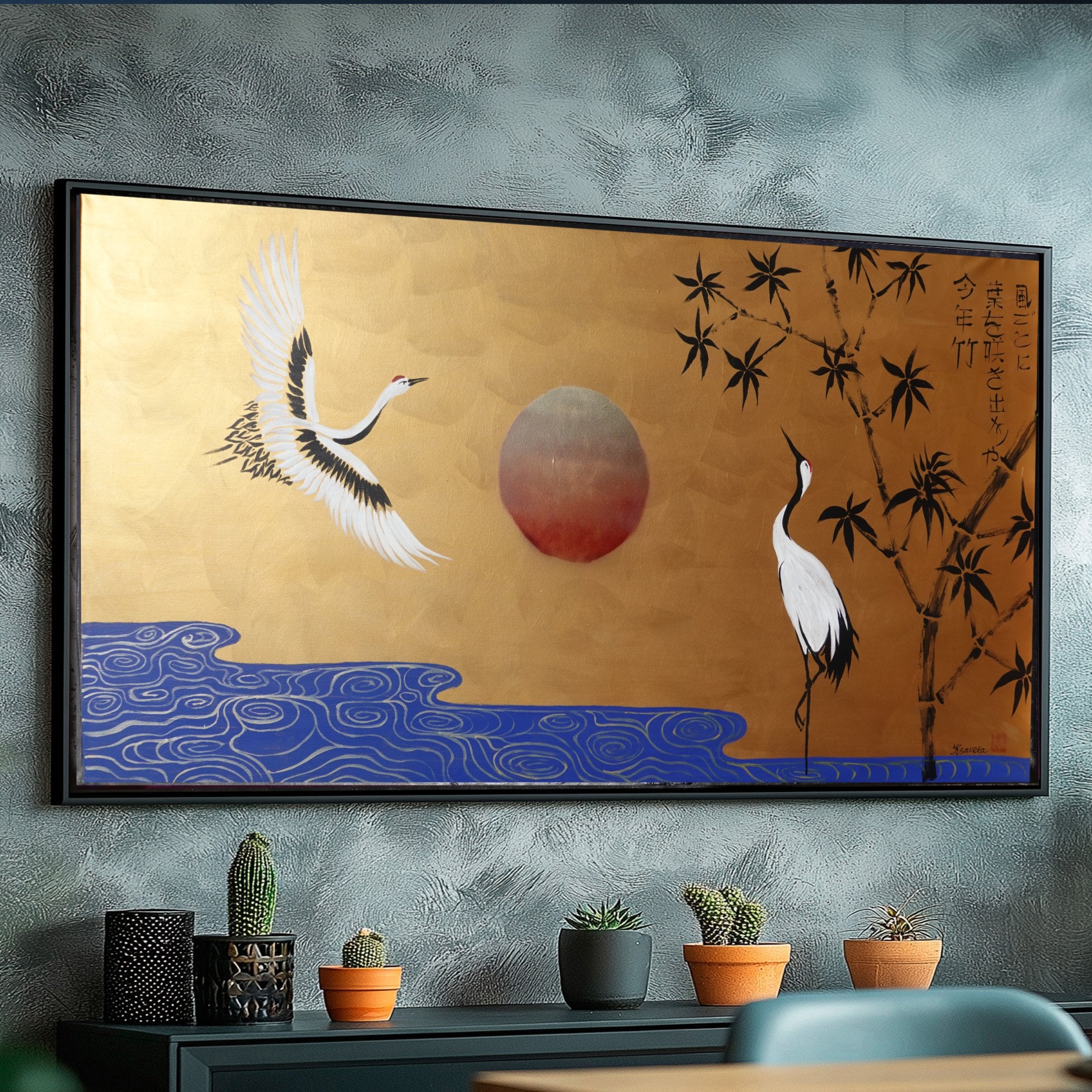 Cranes and bamboo J491 — gold Japanese Painting | Large Acrylic on Canvas | Ksavera