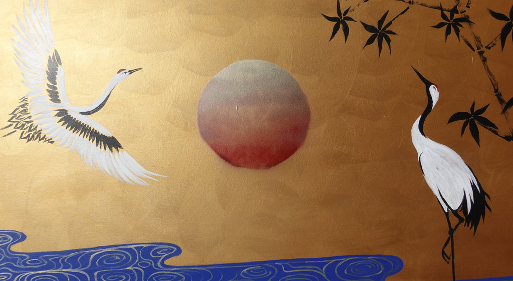 Cranes and bamboo J491 — gold Japanese Painting | Large Acrylic on Canvas | Ksavera