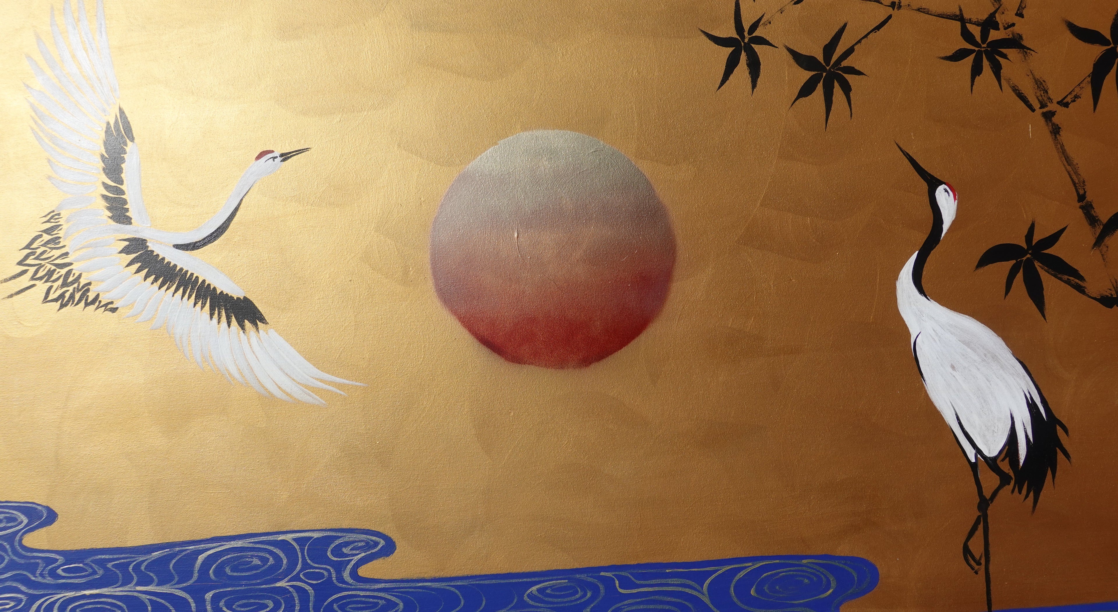 Cranes and bamboo J491 — gold Japanese Painting | Large Acrylic on Canvas | Ksavera