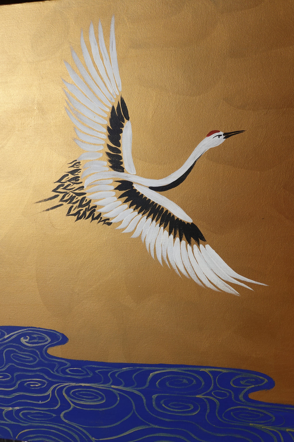 Cranes and bamboo J491 — gold Japanese Painting | Large Acrylic on Canvas | Ksavera
