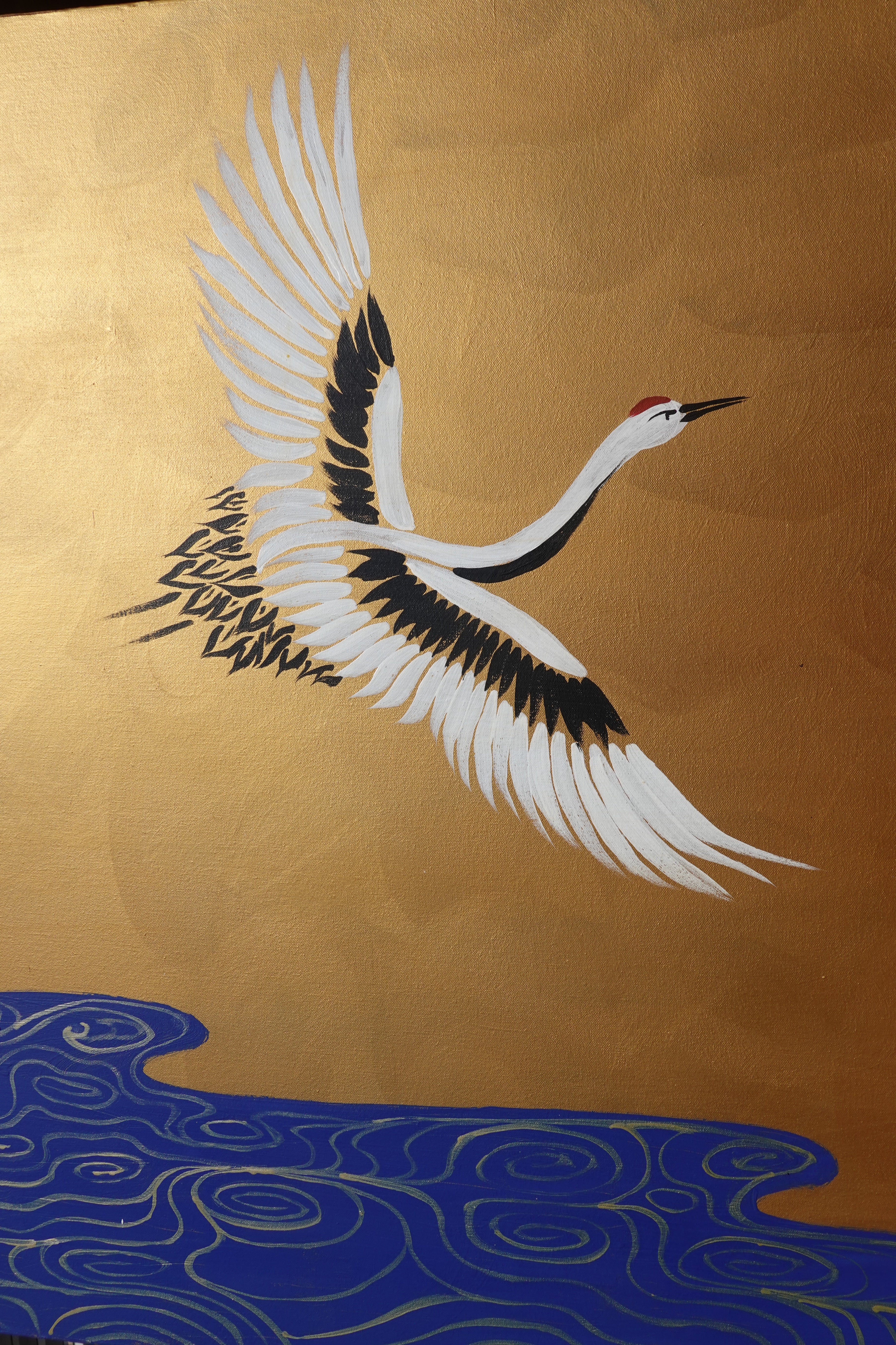 Cranes and bamboo J491 — gold Japanese Painting | Large Acrylic on Canvas | Ksavera