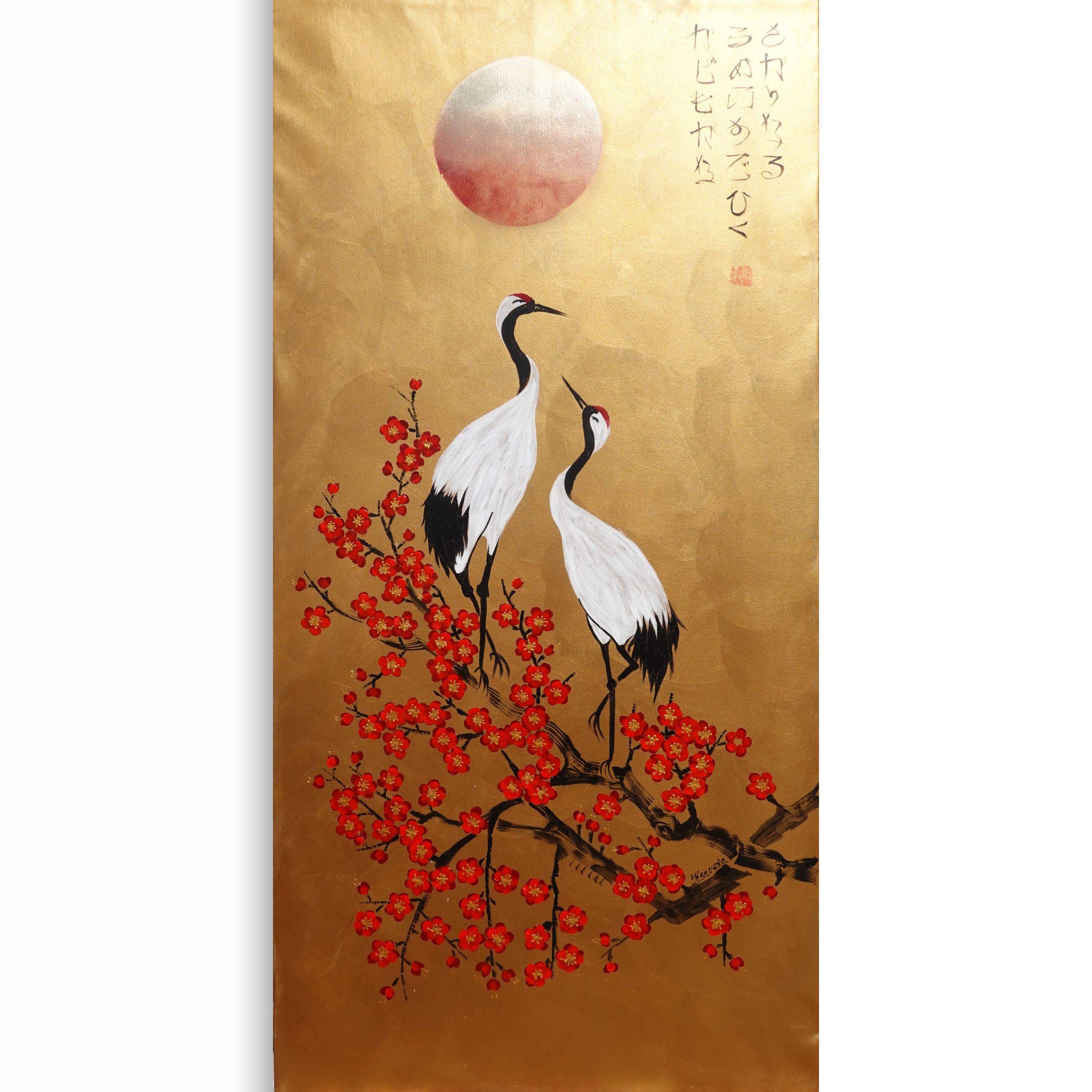 two white cranes standing on a branch with red flowers, against a golden background with a large red sun in the sky.