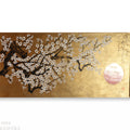 The image is a painting depicting a cherry blossom tree with white flowers against a golden background.